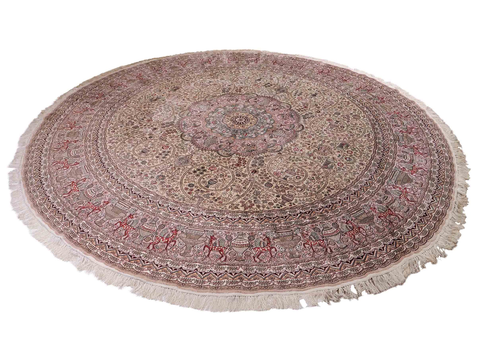 Feiner, handgeknüpfter, runder, chinesischer Orientteppich mit Ghom Design aus Kunstseide, creme, weiß, rosa. 300x300 cm. Verkauf durch Jupiter Intl.
