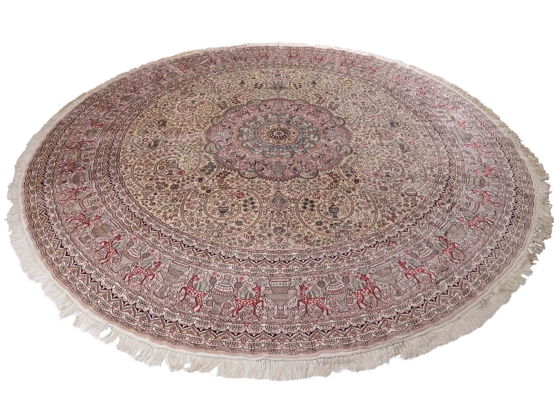 Feiner, handgeknüpfter, runder, chinesischer Orientteppich mit Ghom Design aus Kunstseide, creme, weiß, rosa. 300x300 cm. Verkauf durch Jupiter Intl.