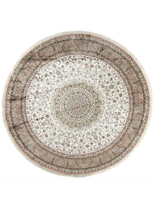 Feiner, handgeknüpfter, runder, chinesischer Orientteppich mit Ghom Design aus Kunstseide, creme, weiß. 303x303 cm. Verkauf durch Jupiter Intl.