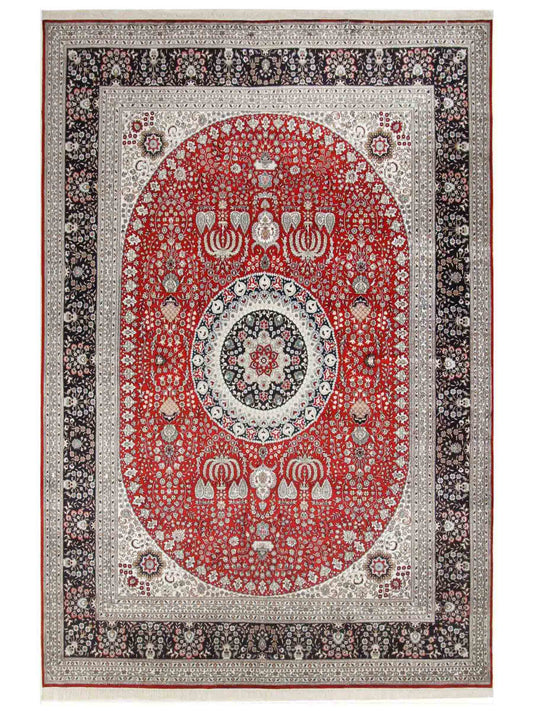 Feiner, handgeknüpfter, chinesischer Orientteppich mit Nain Design aus Kunstseide, rot, blau, weiß. 370x272 cm. Verkauf durch Jupiter Intl.