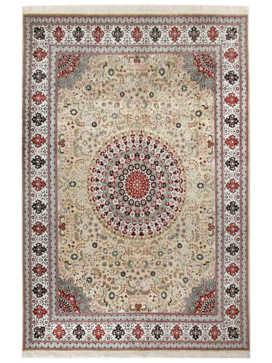 Feiner, handgeknüpfter, chinesischer Orientteppich mit Nain Design aus Kunstseide, gelb, creme, weiß. 373x275 cm. Verkauf durch Jupiter Intl.