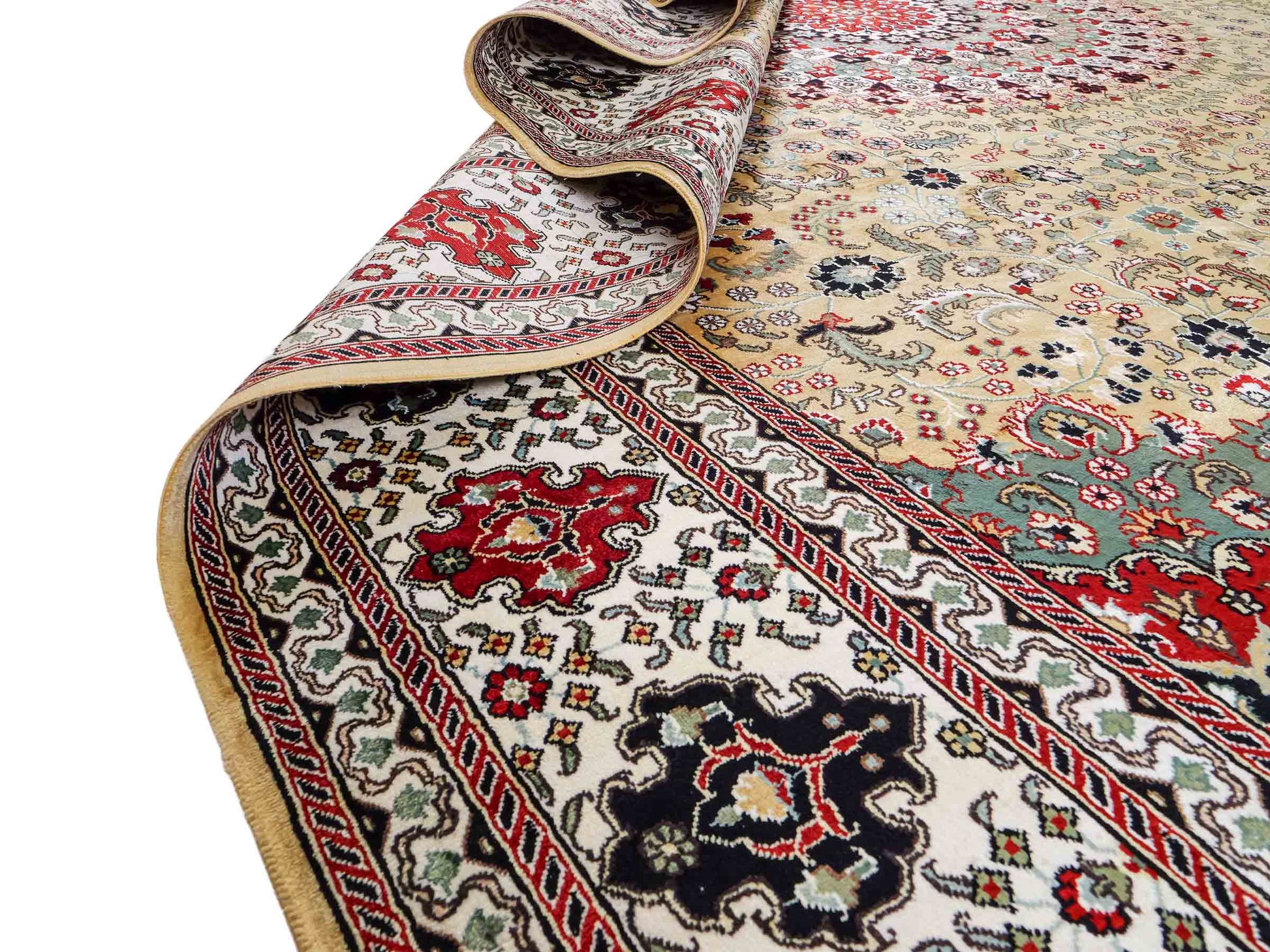 Feiner, handgeknüpfter, chinesischer Orientteppich mit Nain Design aus Kunstseide, gelb, creme, weiß. 373x275 cm. Verkauf durch Jupiter Intl.
