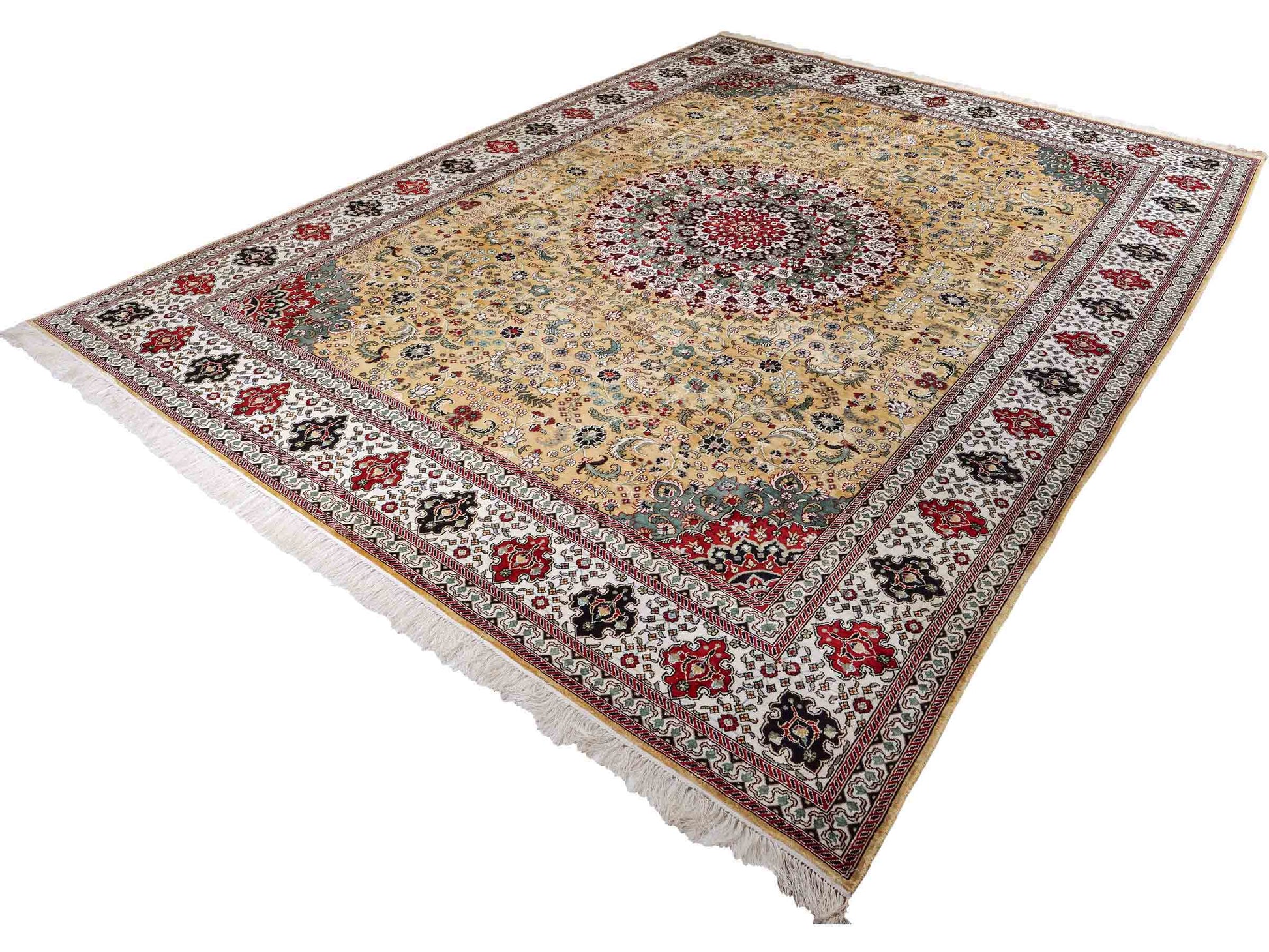 Feiner, handgeknüpfter, chinesischer Orientteppich mit Nain Design aus Kunstseide, gelb, creme, weiß. 373x275 cm. Verkauf durch Jupiter Intl.