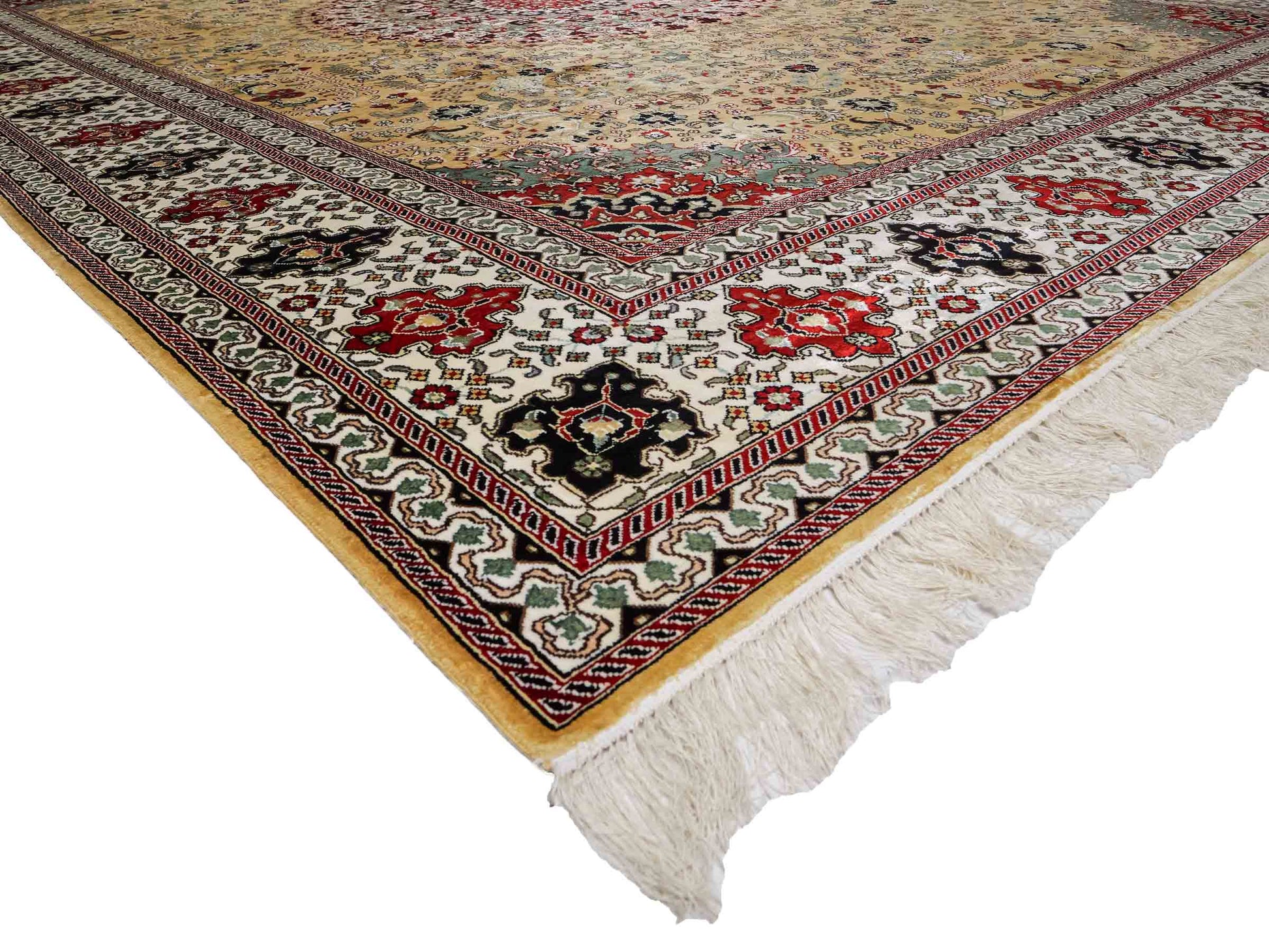 Feiner, handgeknüpfter, chinesischer Orientteppich mit Nain Design aus Kunstseide, gelb, creme, weiß. 373x275 cm. Verkauf durch Jupiter Intl.
