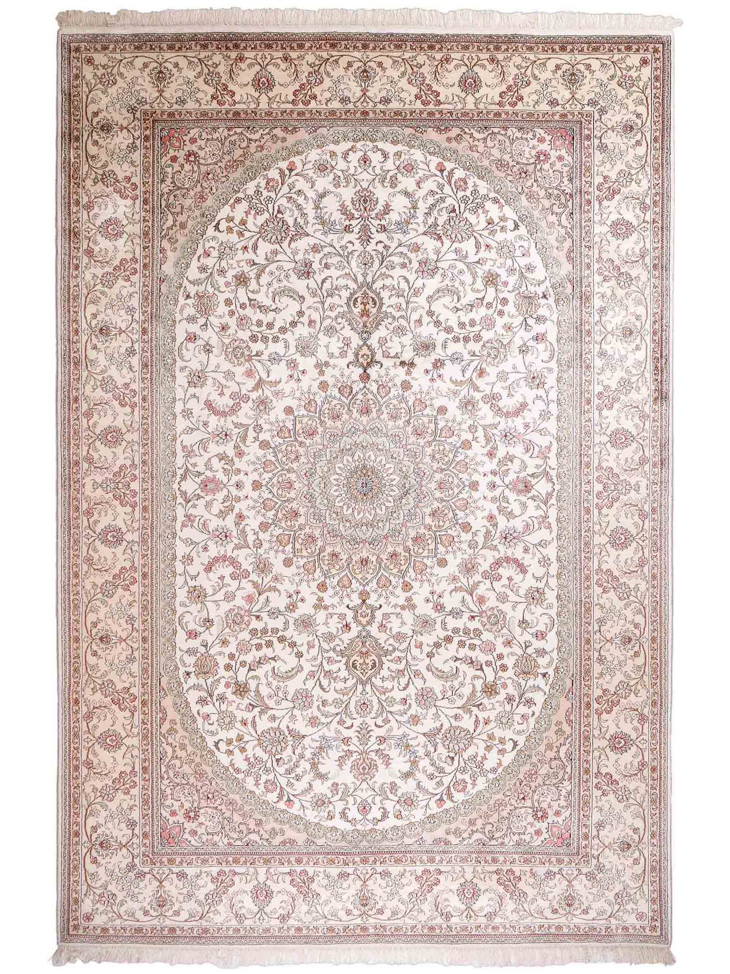 Feiner, handgeknüpfter, chinesischer Nain Orientteppich aus gesponnener Seide mit Medaillon-Design von Khademi, creme, weiß. 278x185 cm. Verkauf durch Jupiter Intl.