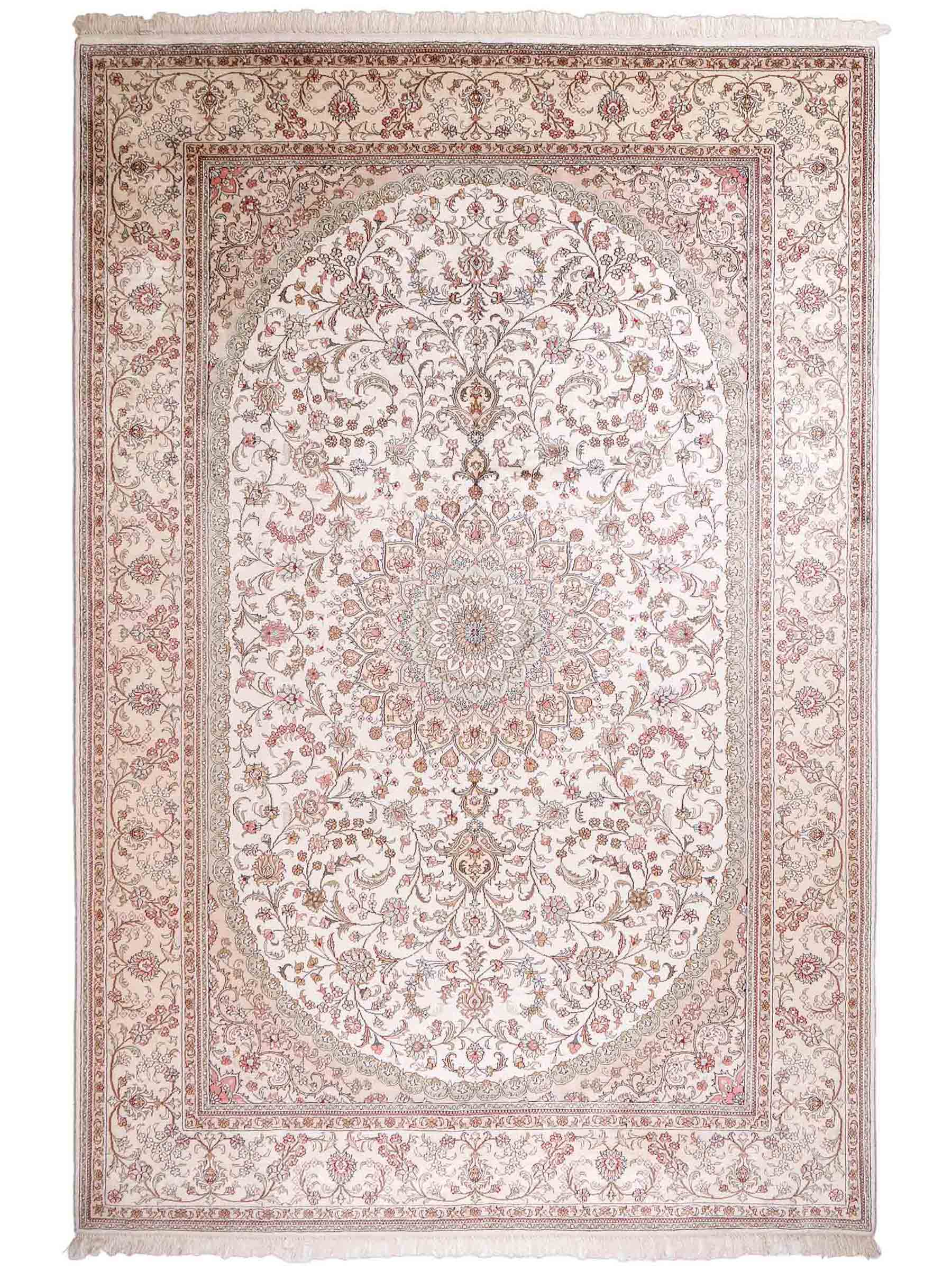 Feiner, handgeknüpfter, chinesischer Nain Orientteppich aus gesponnener Seide mit Medaillon-Design von Khademi, creme, weiß. 278x185 cm. Verkauf durch Jupiter Intl.