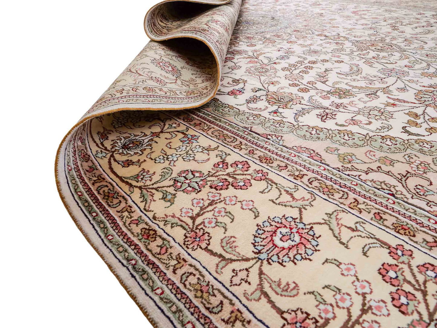 Feiner, handgeknüpfter, chinesischer Nain Orientteppich aus gesponnener Seide mit Medaillon-Design von Khademi, creme, weiß. 278x185 cm. Verkauf durch Jupiter Intl.