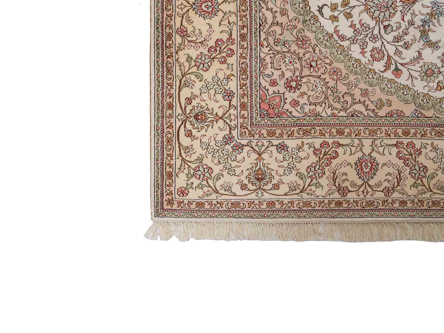 Feiner, handgeknüpfter, chinesischer Nain Orientteppich aus gesponnener Seide mit Medaillon-Design von Khademi, creme, weiß. 278x185 cm. Verkauf durch Jupiter Intl.