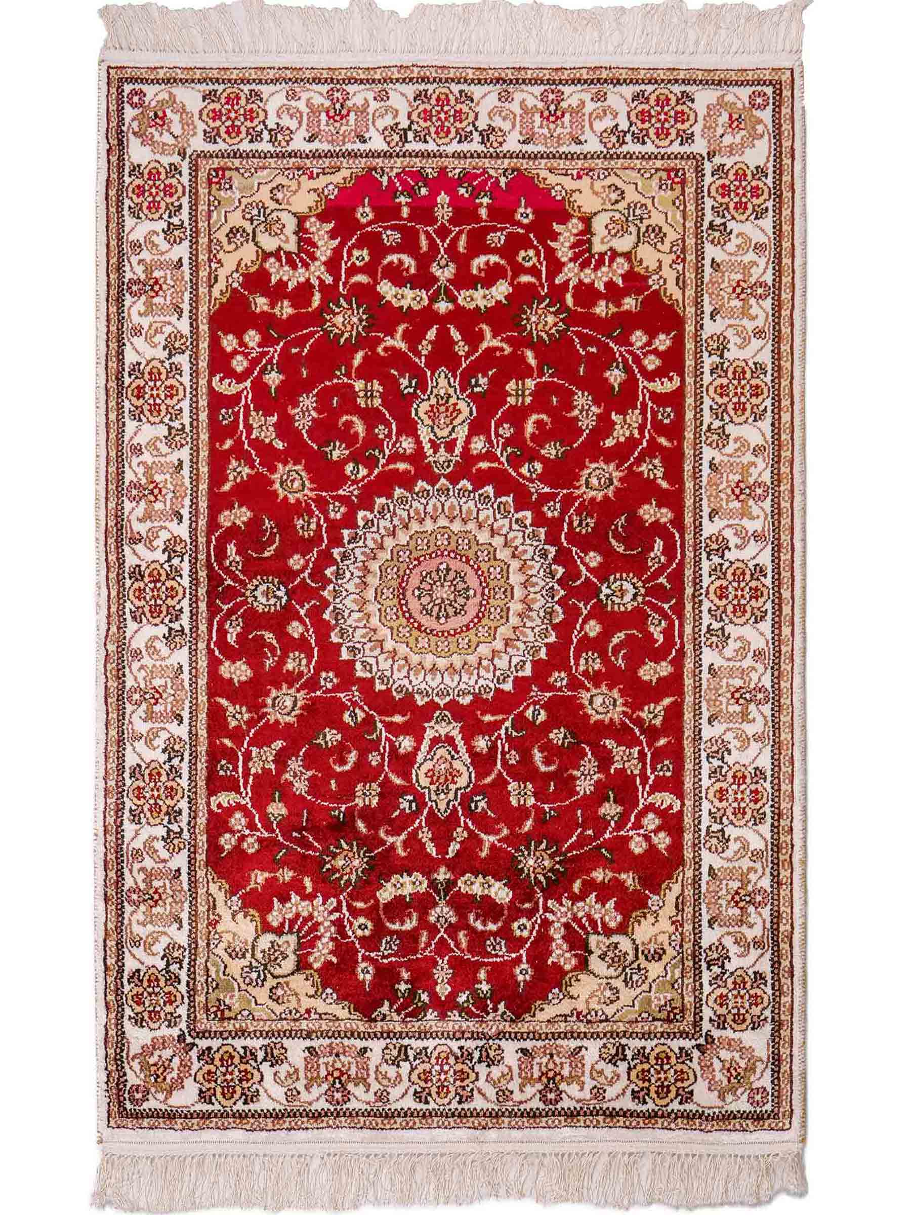 Feiner, handgeknüpfter Nain Orientteppich aus Kunstseide, rot, creme. 117x77 cm. Verkauf durch Jupiter Intl.