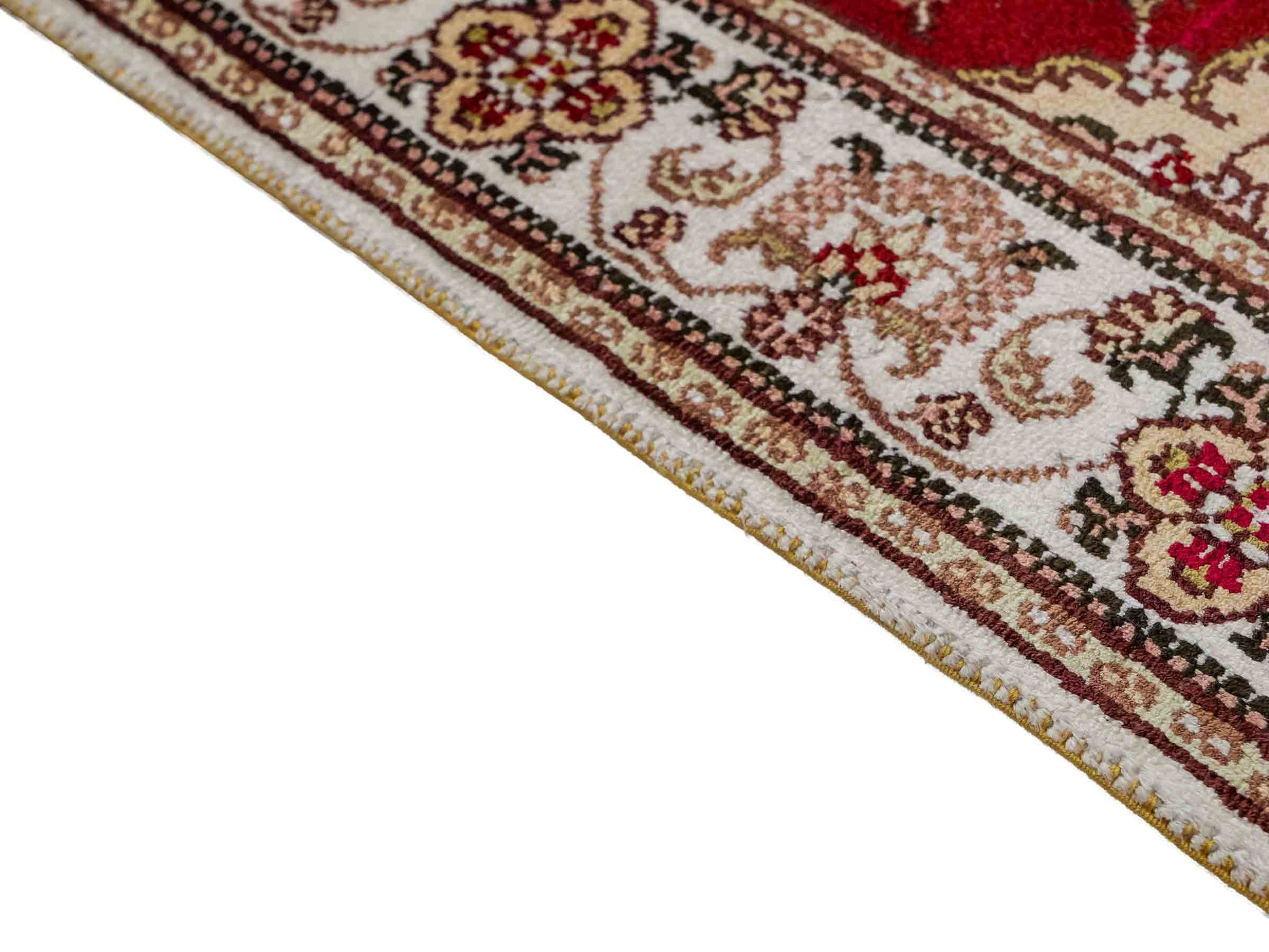 Feiner, handgeknüpfter Nain Orientteppich aus Kunstseide, rot, creme. 117x77 cm. Verkauf durch Jupiter Intl.
