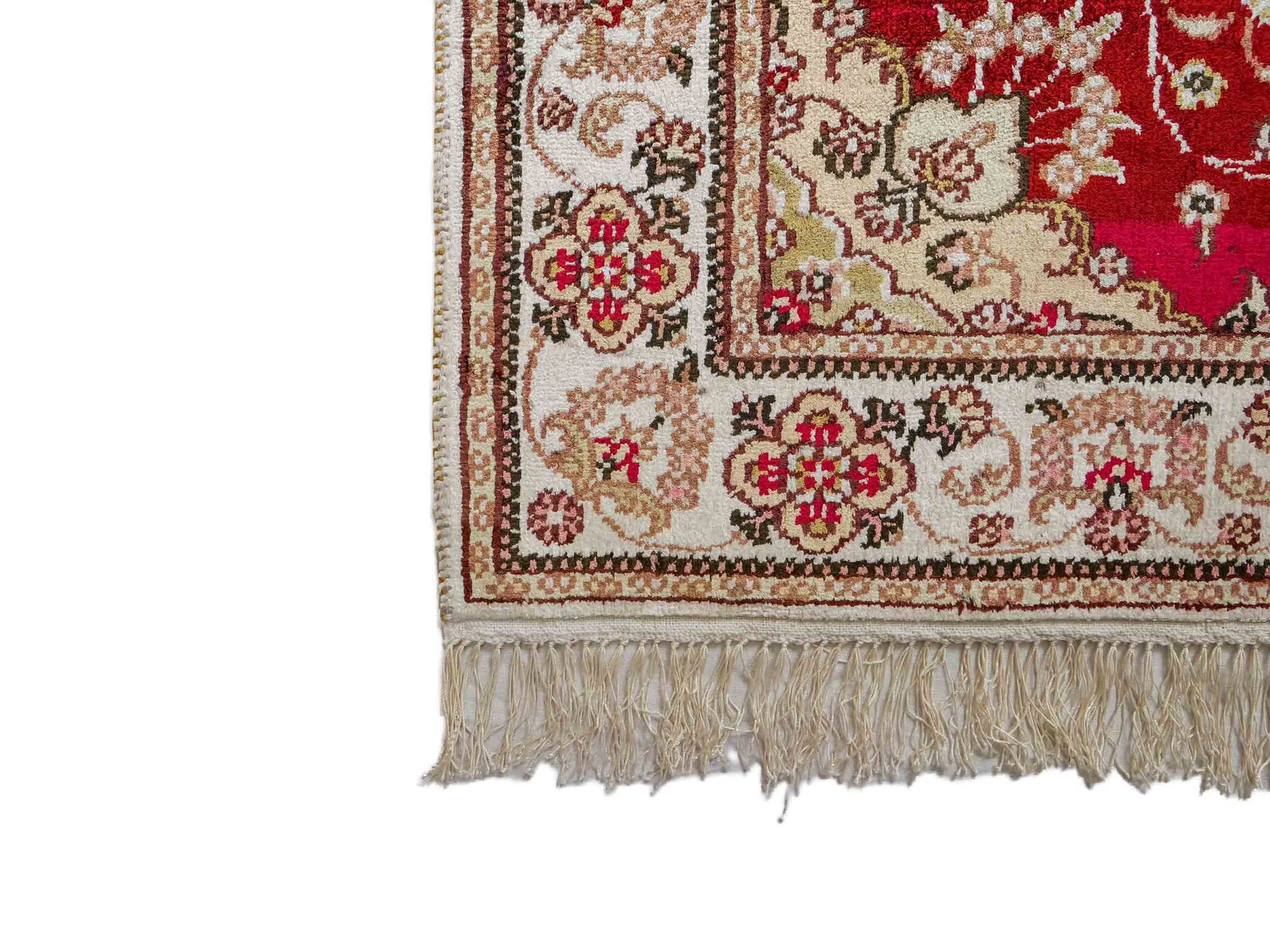 Feiner, handgeknüpfter Nain Orientteppich aus Kunstseide, rot, creme. 117x77 cm. Verkauf durch Jupiter Intl.