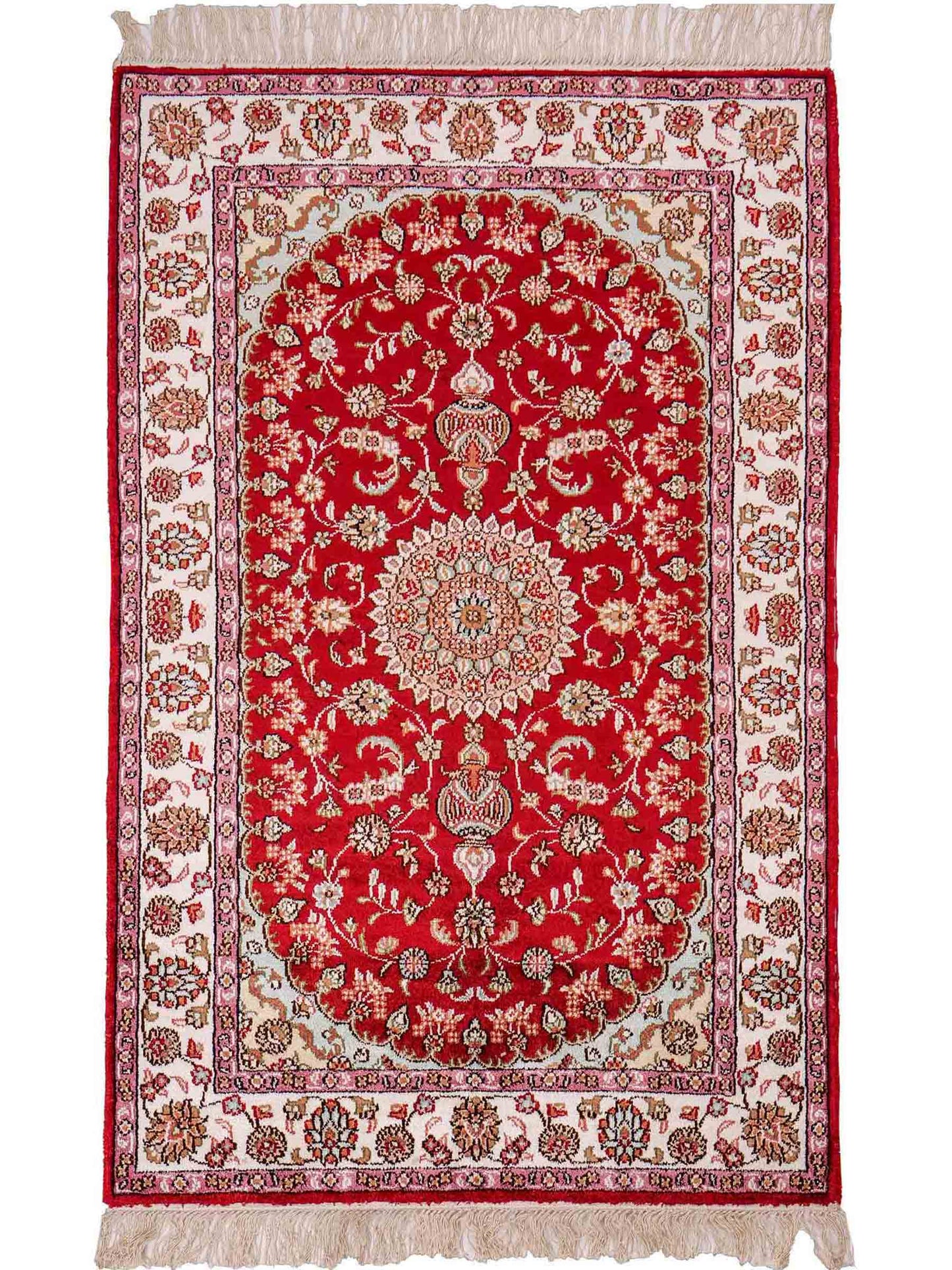 Feiner, handgeknüpfter, chinesischer Orientteppich mit Nain Design aus Kunstseide, rot, creme, weiß. 119x76 cm. Verkauf durch Jupiter Intl.