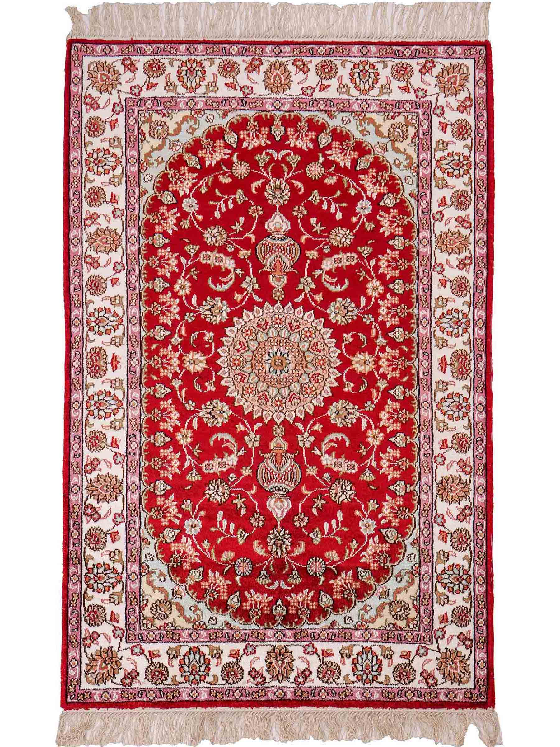 Feiner, handgeknüpfter, chinesischer Orientteppich mit Nain Design aus Kunstseide, rot, creme, weiß. 119x76 cm. Verkauf durch Jupiter Intl.