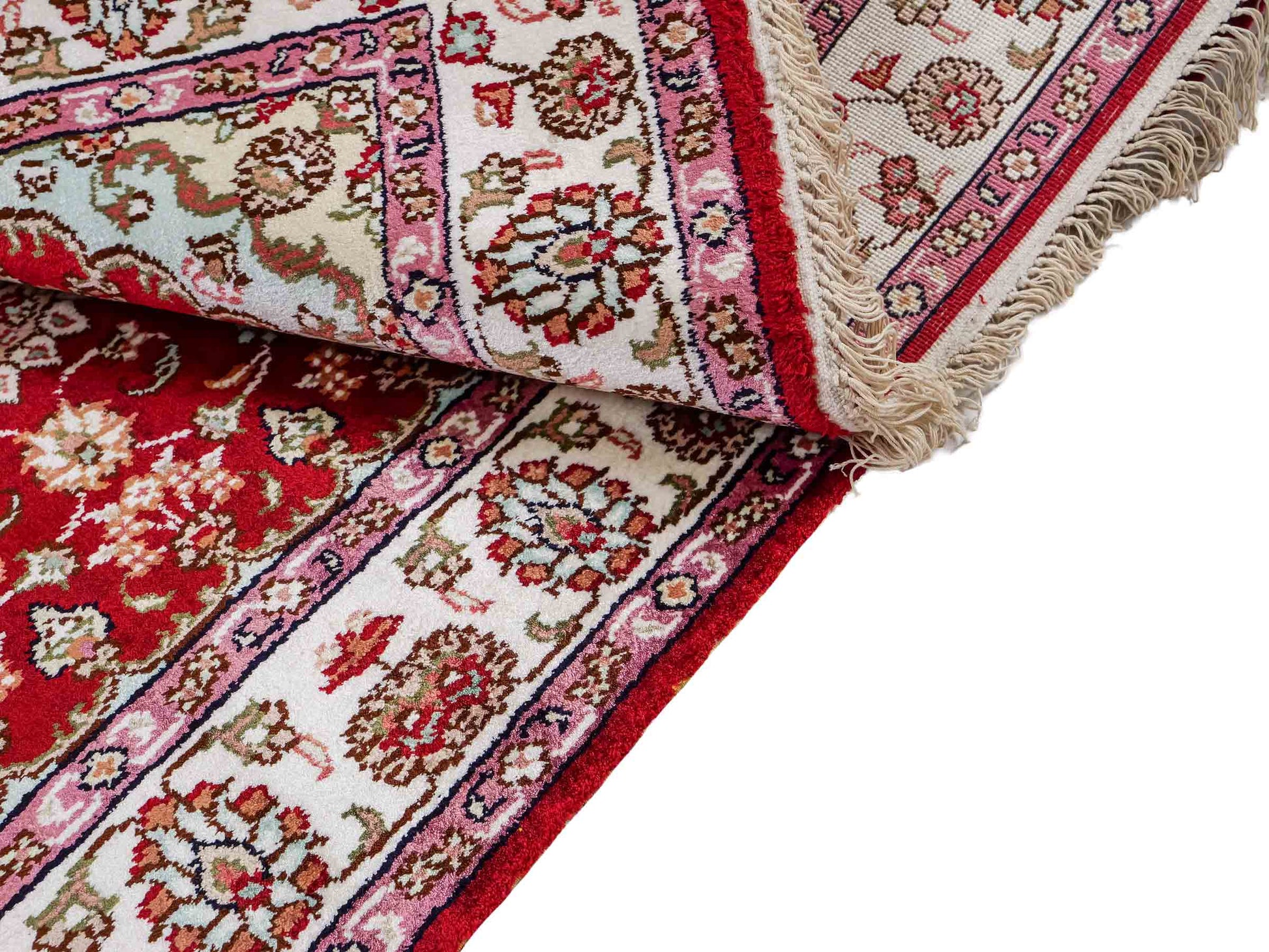 Feiner, handgeknüpfter, chinesischer Orientteppich mit Nain Design aus Kunstseide, rot, creme, weiß. 119x76 cm. Verkauf durch Jupiter Intl.