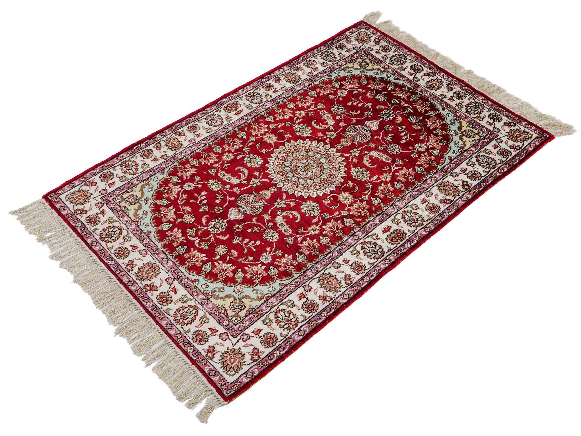 Feiner, handgeknüpfter, chinesischer Orientteppich mit Nain Design aus Kunstseide, rot, creme, weiß. 119x76 cm. Verkauf durch Jupiter Intl.