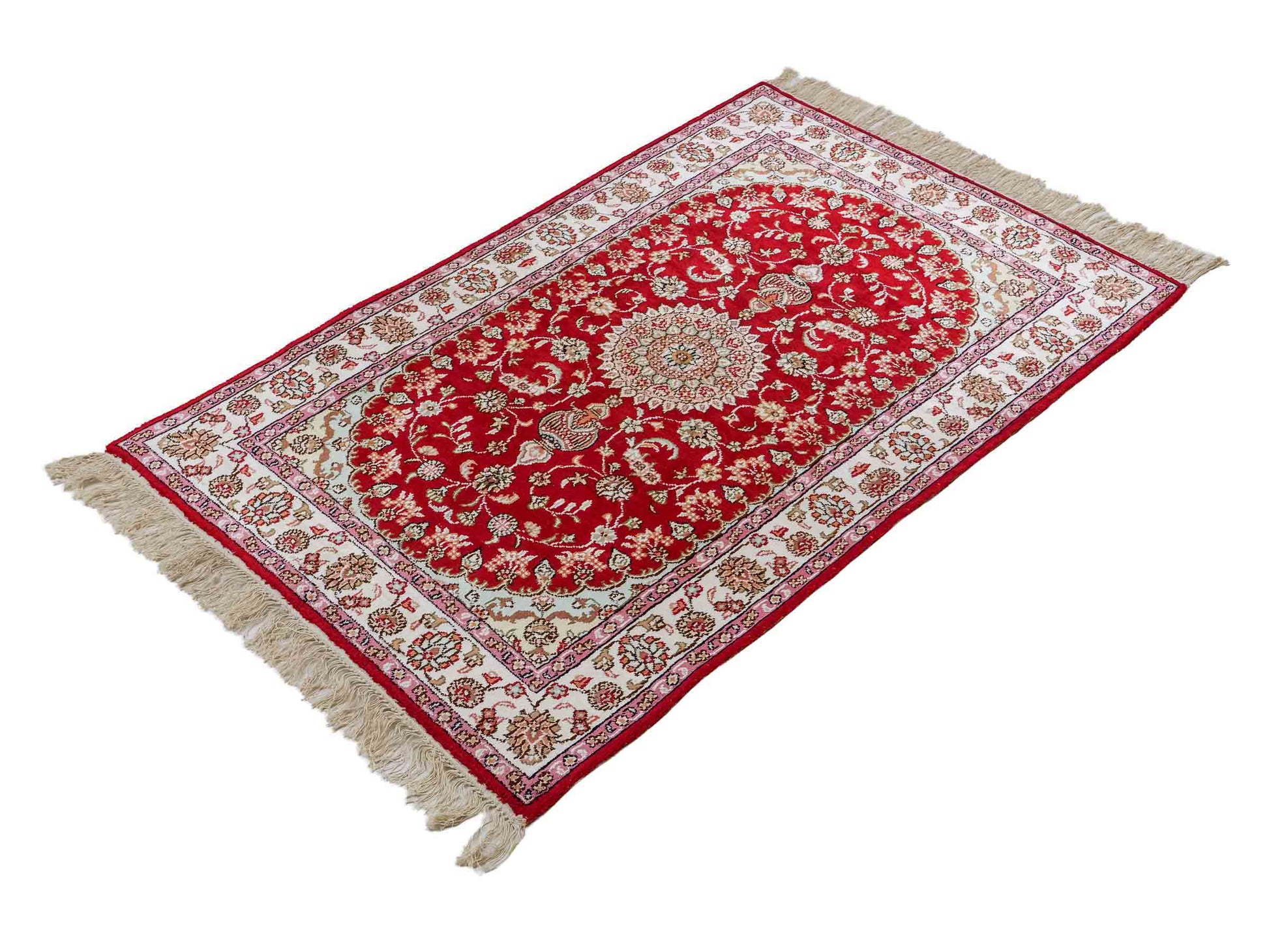 Feiner, handgeknüpfter, chinesischer Orientteppich mit Nain Design aus Kunstseide, rot, creme, weiß. 119x76 cm. Verkauf durch Jupiter Intl.