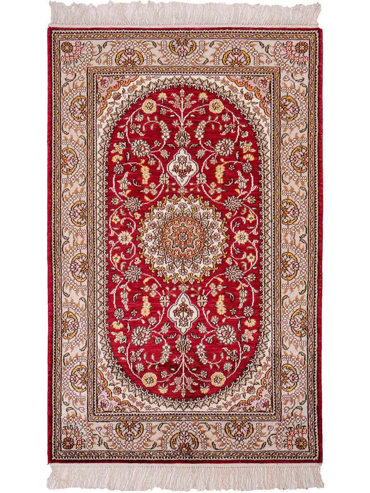 Feiner, handgeknüpfter, chinesischer Orientteppich mit Nain Design aus Kunstseide, rot, weiß, creme. 120x75 cm. Verkauf durch Jupiter Intl.