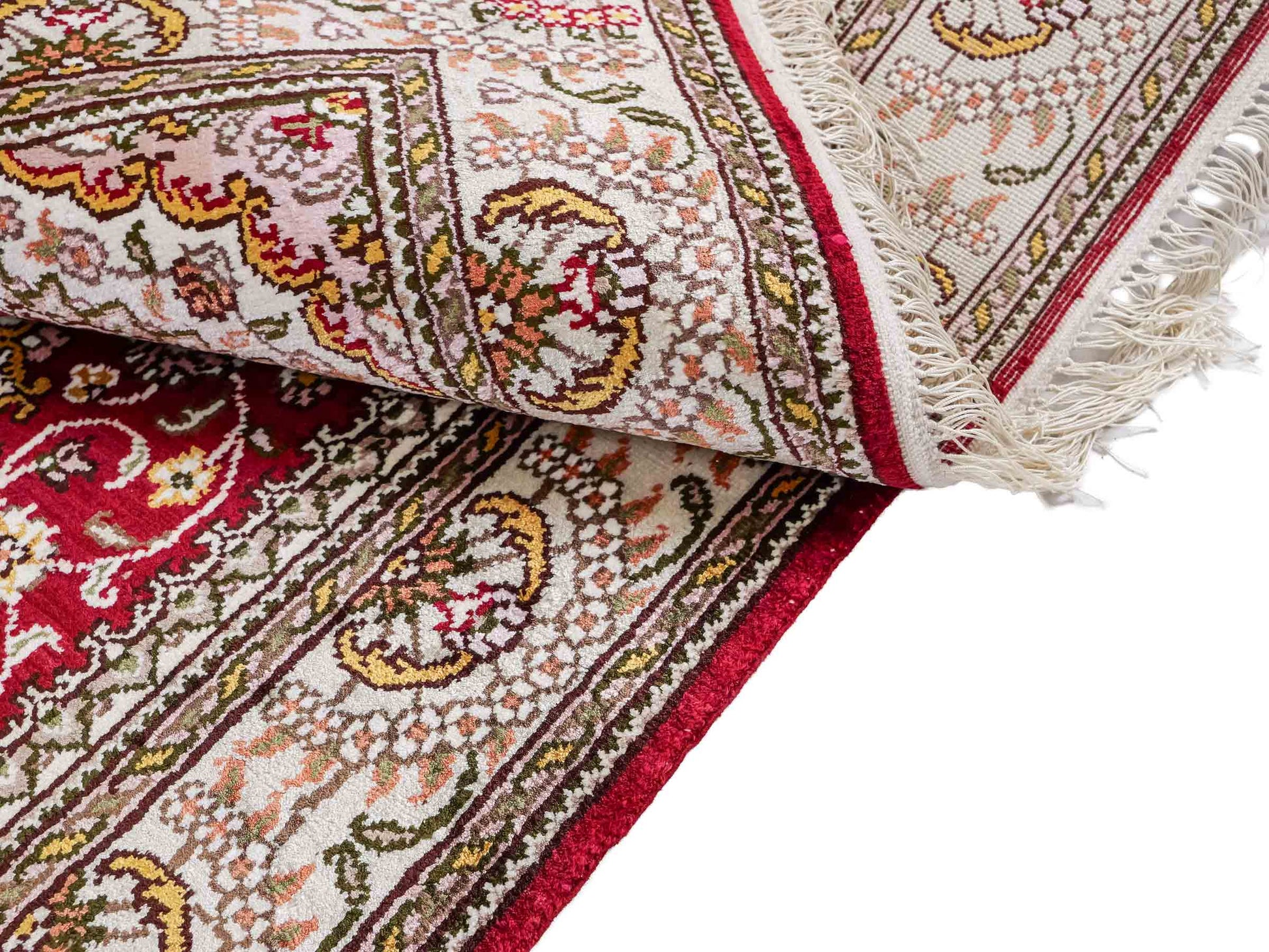 Feiner, handgeknüpfter, chinesischer Orientteppich mit Nain Design aus Kunstseide, rot, weiß, creme. 120x75 cm. Verkauf durch Jupiter Intl.