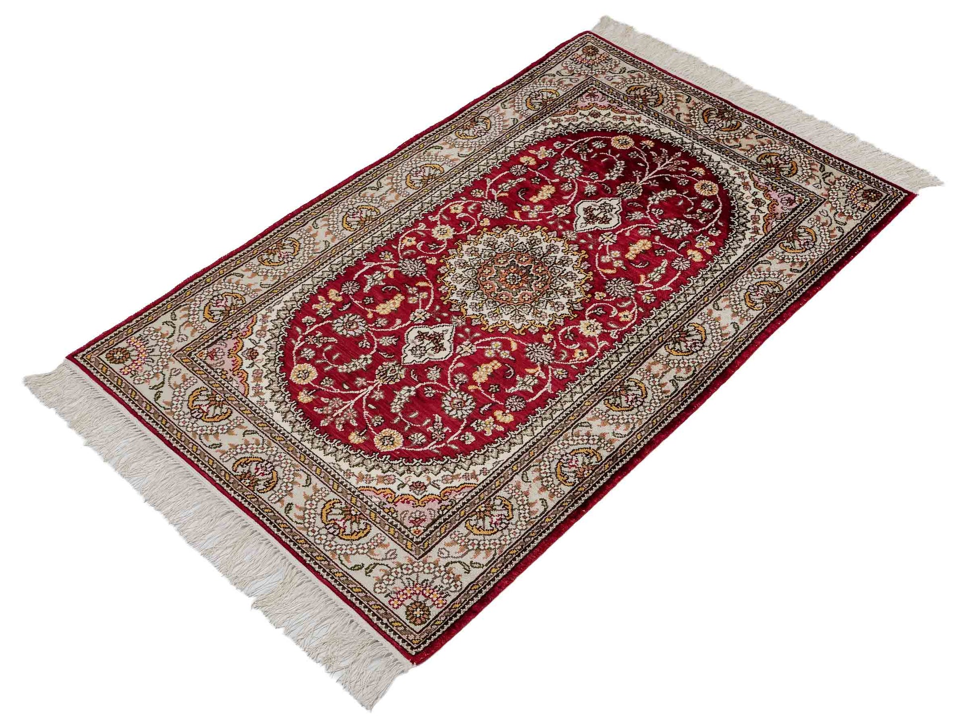 Feiner, handgeknüpfter, chinesischer Orientteppich mit Nain Design aus Kunstseide, rot, weiß, creme. 120x75 cm. Verkauf durch Jupiter Intl.