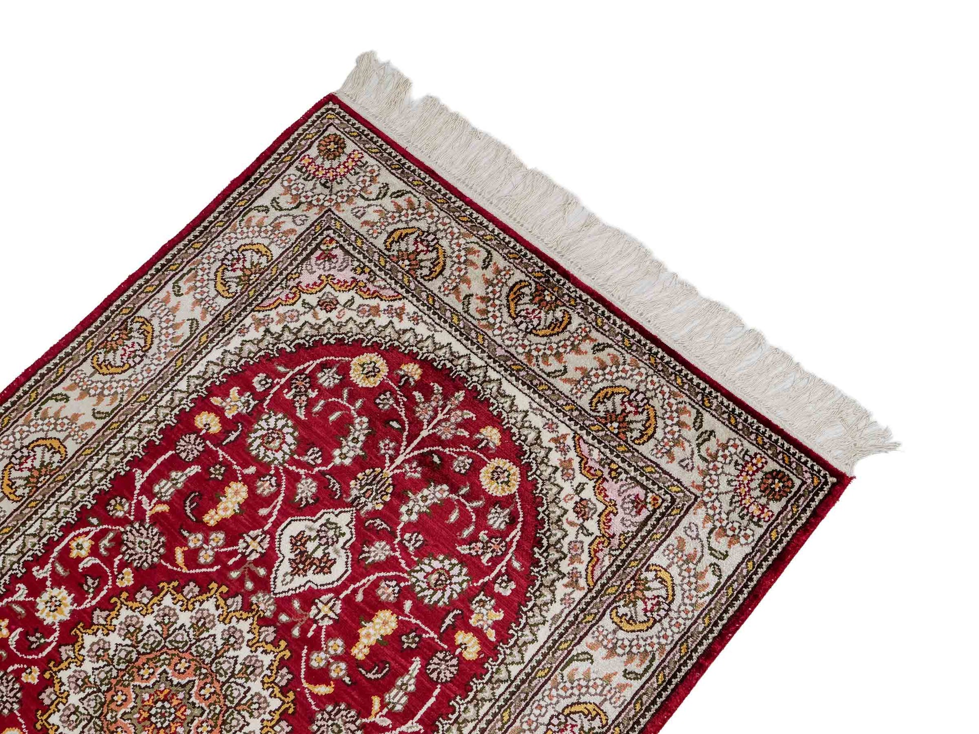 Feiner, handgeknüpfter, chinesischer Orientteppich mit Nain Design aus Kunstseide, rot, weiß, creme. 120x75 cm. Verkauf durch Jupiter Intl.