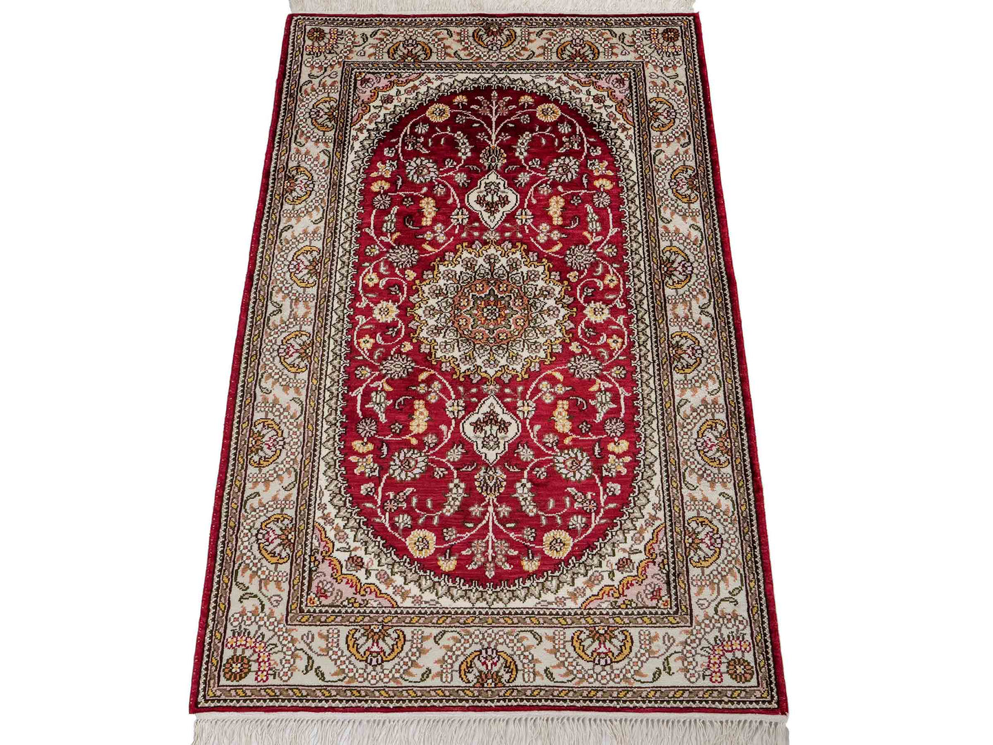 Feiner, handgeknüpfter, chinesischer Orientteppich mit Nain Design aus Kunstseide, rot, weiß, creme. 120x75 cm. Verkauf durch Jupiter Intl.