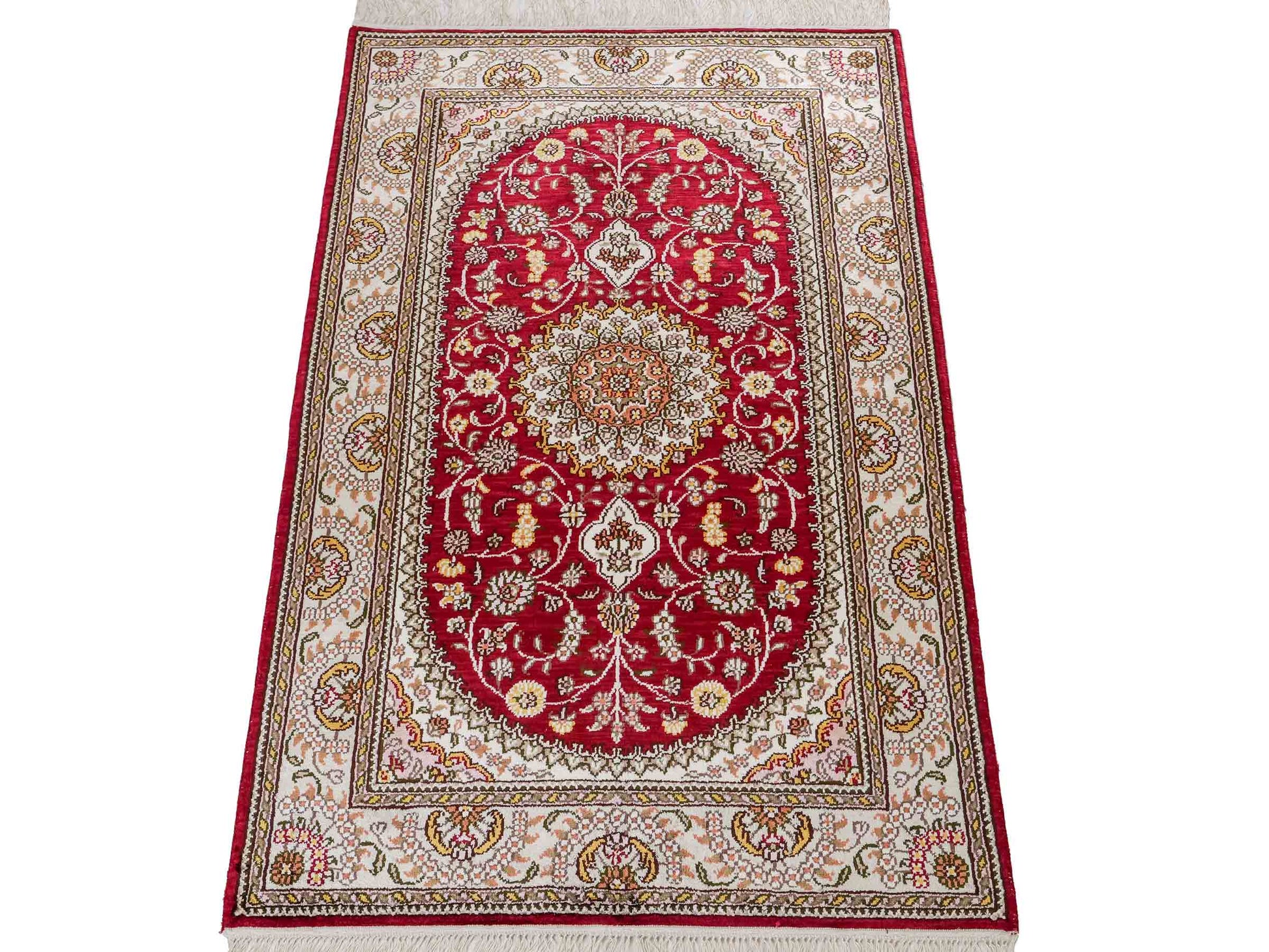 Feiner, handgeknüpfter, chinesischer Orientteppich mit Nain Design aus Kunstseide, rot, weiß, creme. 120x75 cm. Verkauf durch Jupiter Intl.