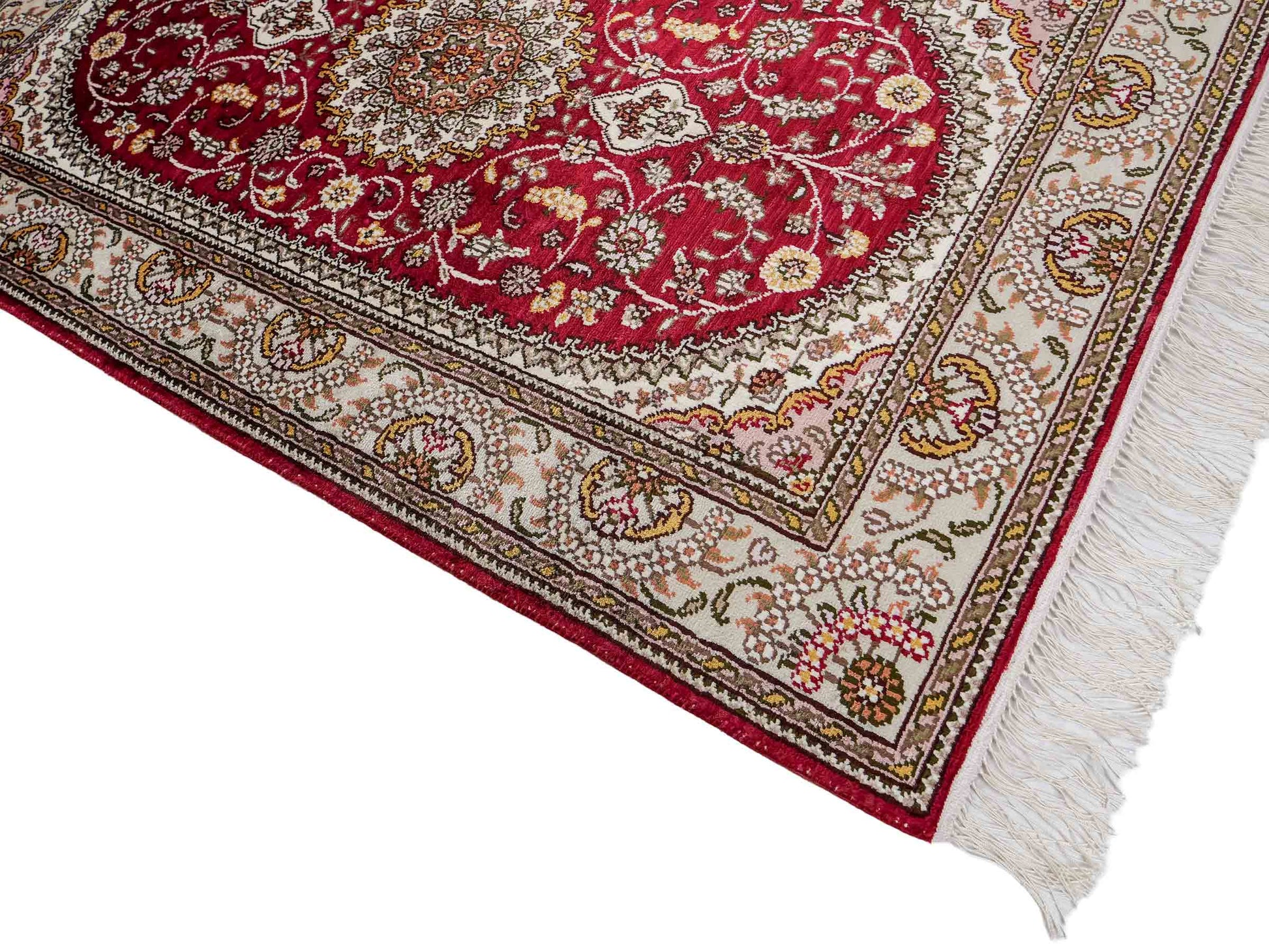 Feiner, handgeknüpfter, chinesischer Orientteppich mit Nain Design aus Kunstseide, rot, weiß, creme. 120x75 cm. Verkauf durch Jupiter Intl.