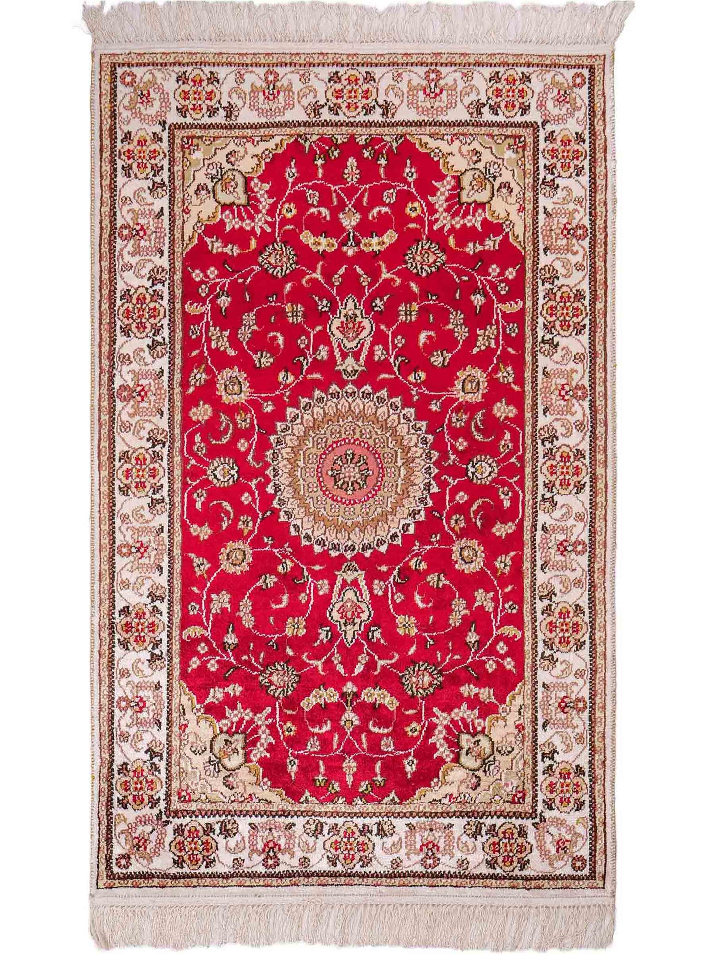 Feiner, handgeknüpfter, chinesischer Nain Orientteppich aus Kunstseide, rot, creme. 120x76 cm. Verkauf durch Jupiter Intl.