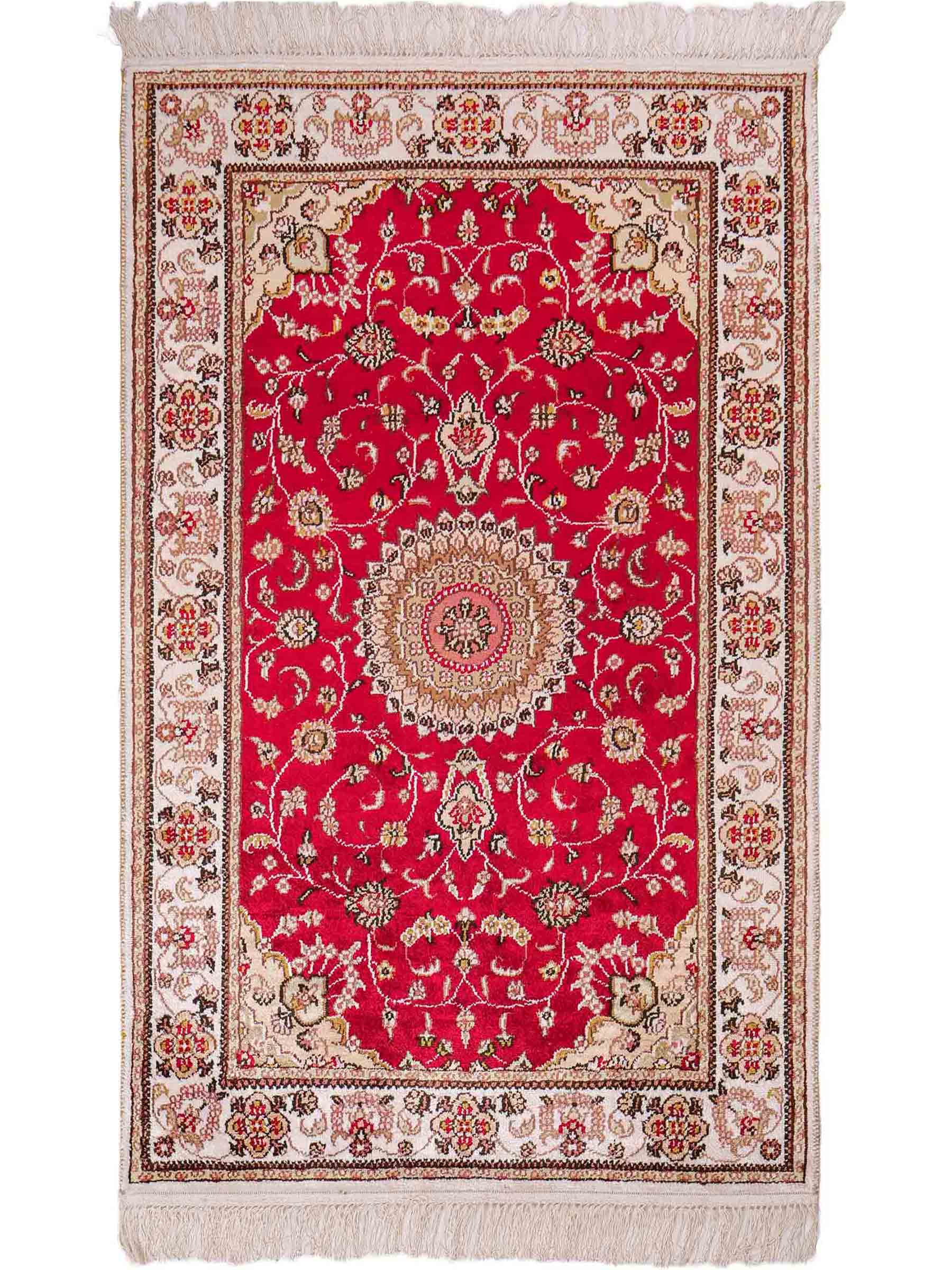 Feiner, handgeknüpfter, chinesischer Nain Orientteppich aus Kunstseide, rot, creme. 120x76 cm. Verkauf durch Jupiter Intl.