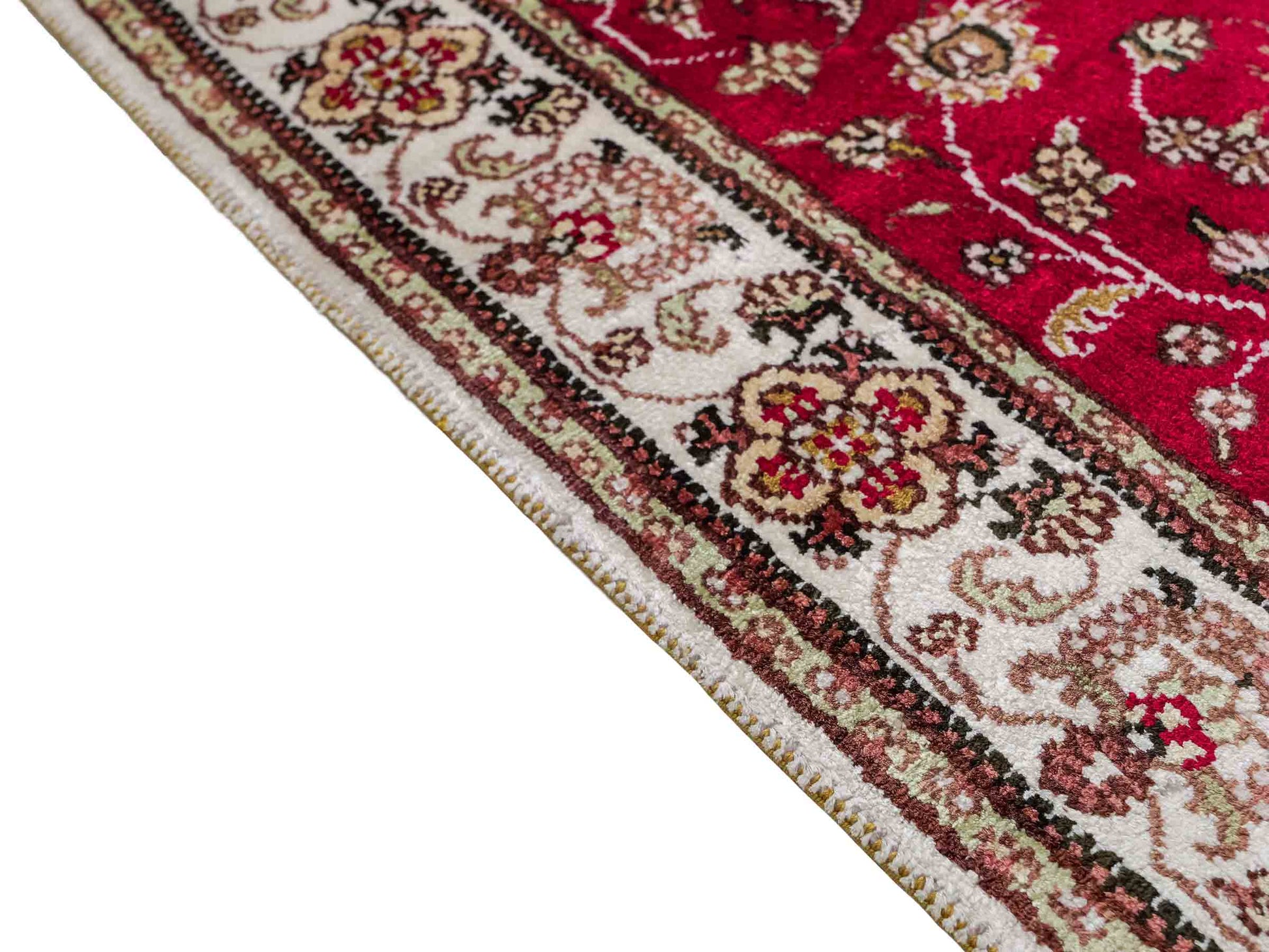 Feiner, handgeknüpfter, chinesischer Nain Orientteppich aus Kunstseide, rot, creme. 120x76 cm. Verkauf durch Jupiter Intl.