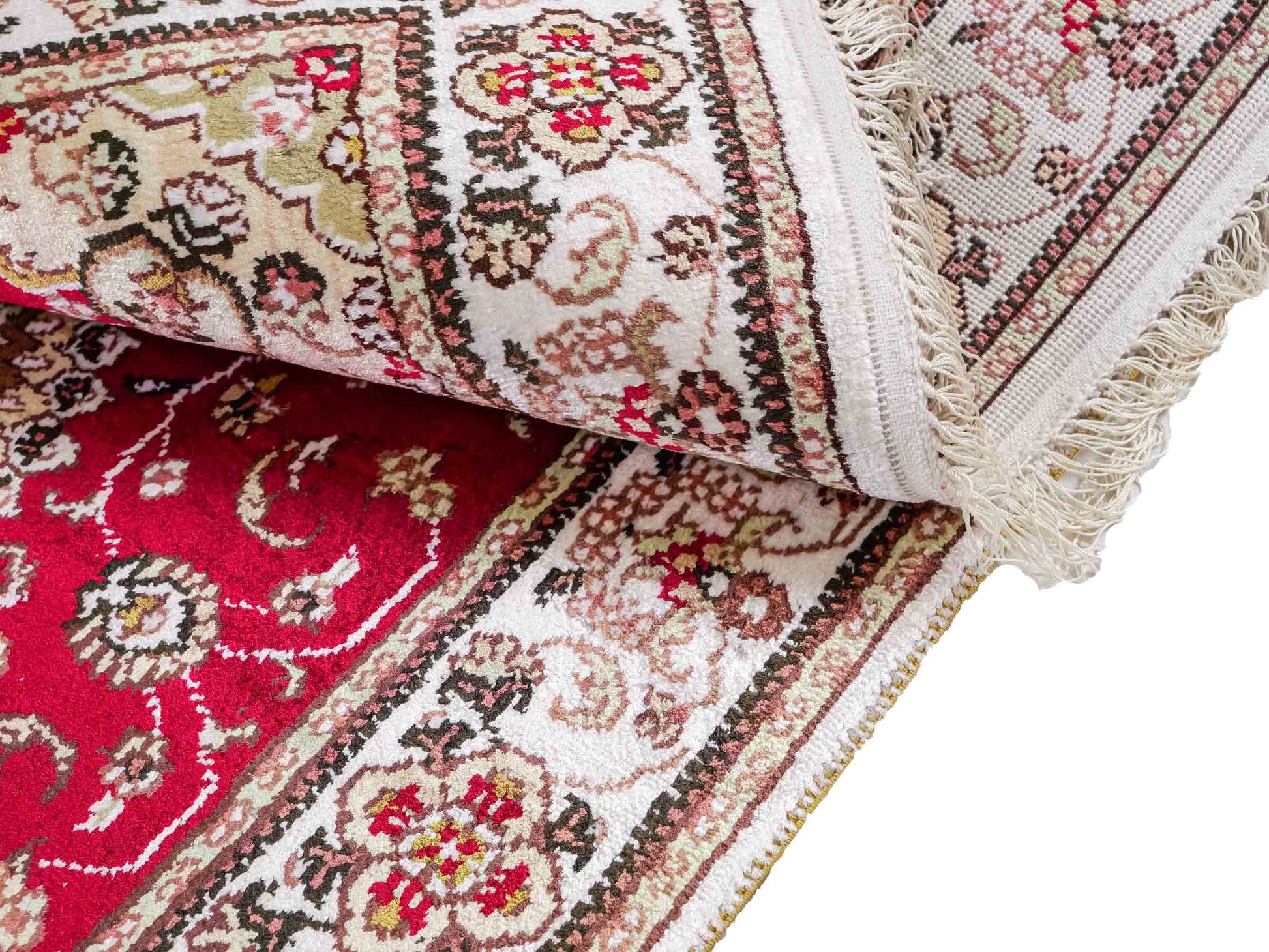 Feiner, handgeknüpfter, chinesischer Nain Orientteppich aus Kunstseide, rot, creme. 120x76 cm. Verkauf durch Jupiter Intl.