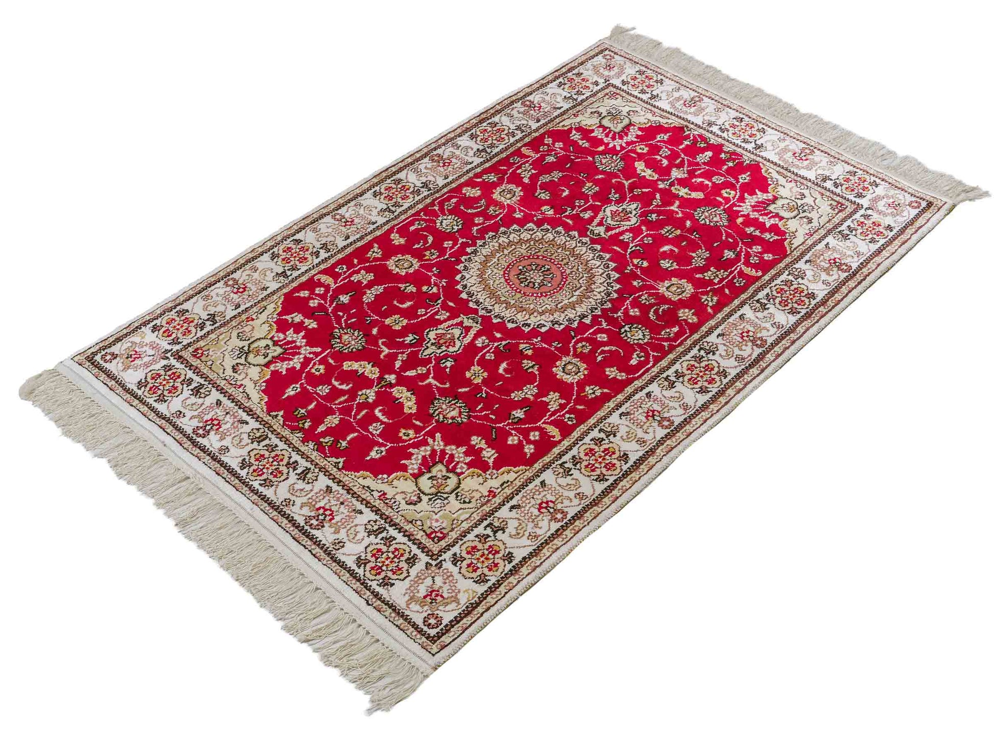 Feiner, handgeknüpfter, chinesischer Nain Orientteppich aus Kunstseide, rot, creme. 120x76 cm. Verkauf durch Jupiter Intl.