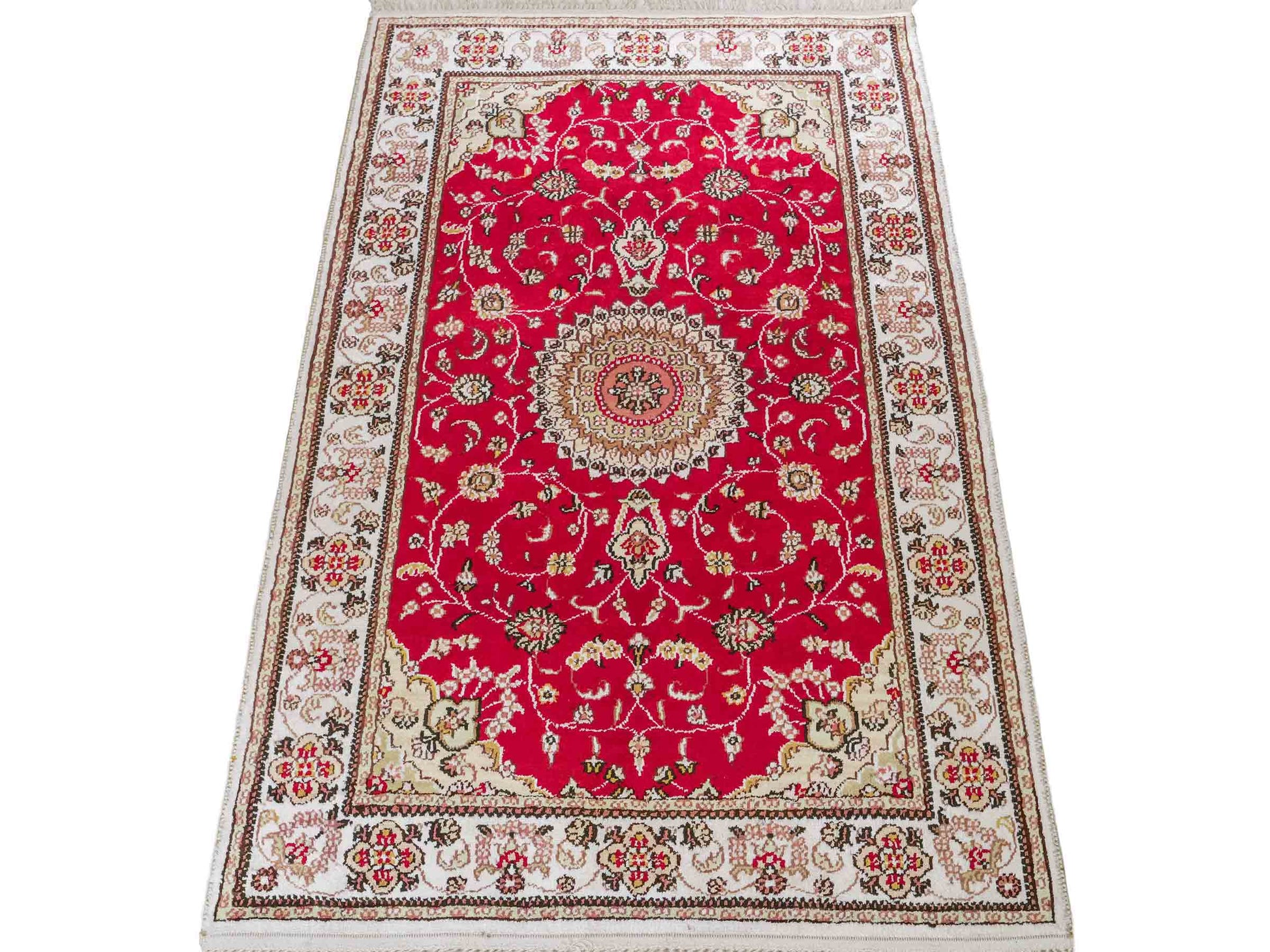 Feiner, handgeknüpfter, chinesischer Nain Orientteppich aus Kunstseide, rot, creme. 120x76 cm. Verkauf durch Jupiter Intl.