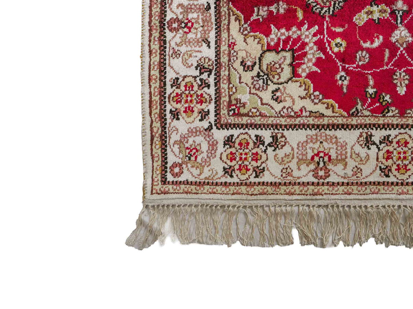 Feiner, handgeknüpfter, chinesischer Nain Orientteppich aus Kunstseide, rot, creme. 120x76 cm. Verkauf durch Jupiter Intl.
