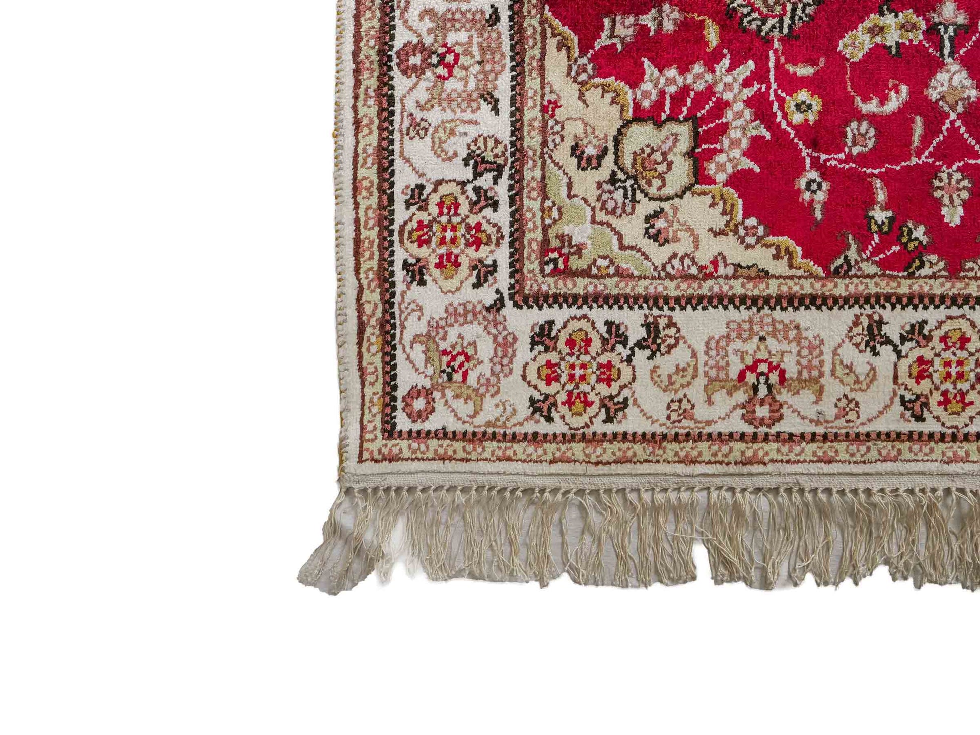 Feiner, handgeknüpfter, chinesischer Nain Orientteppich aus Kunstseide, rot, creme. 120x76 cm. Verkauf durch Jupiter Intl.