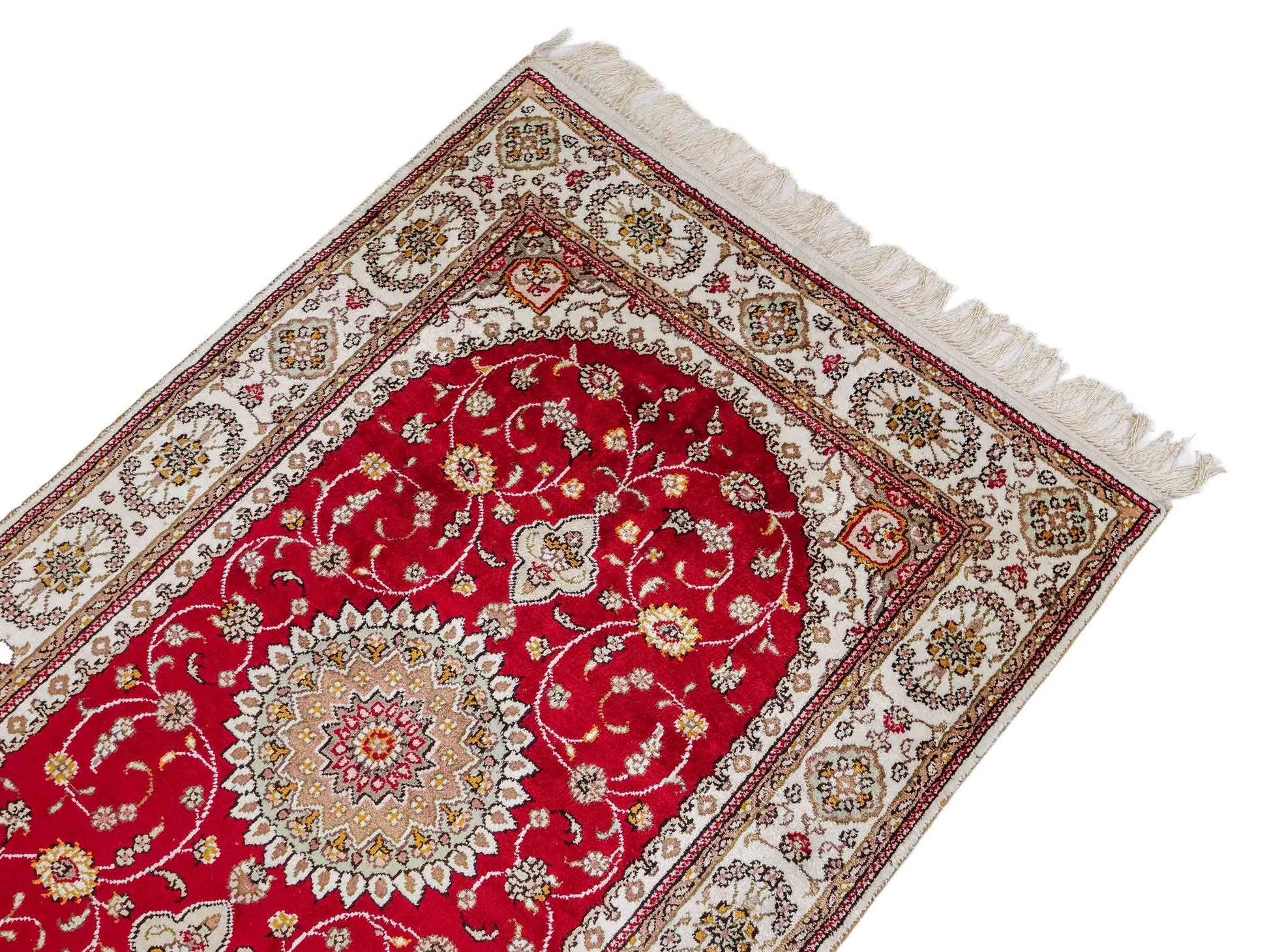 Feiner, handgeknüpfter, chinesischer Orientteppich mit Nain Design aus Kunstseide, rot, creme, weiß. 120x77 cm. Verkauf durch Jupiter Intl.