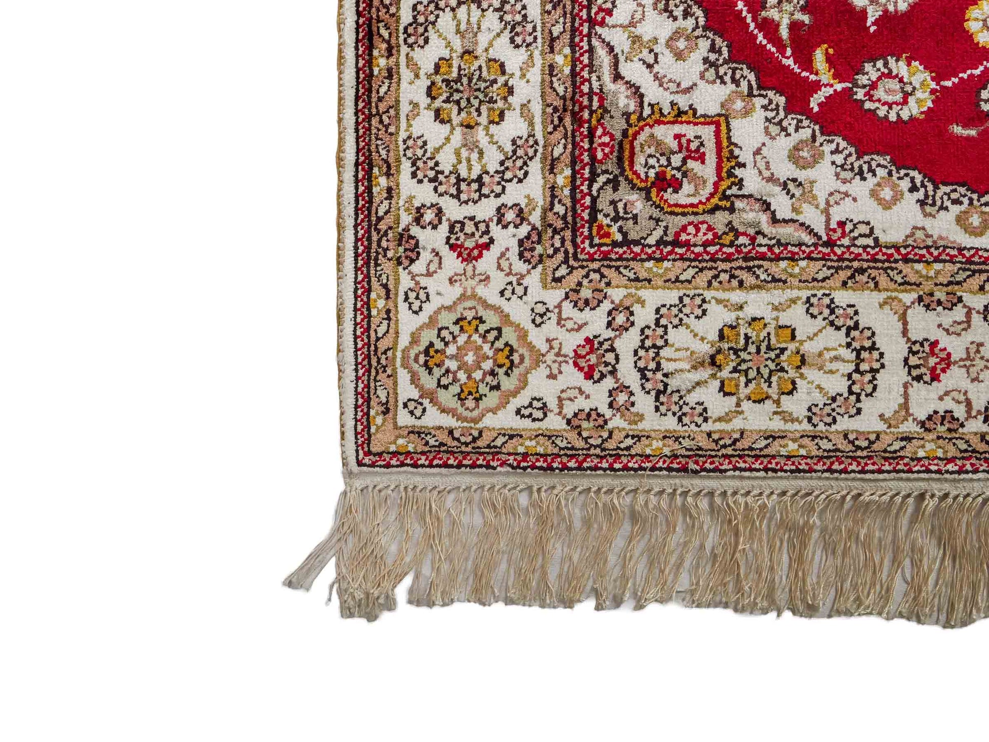 Feiner, handgeknüpfter, chinesischer Orientteppich mit Nain Design aus Kunstseide, rot, creme, weiß. 120x77 cm. Verkauf durch Jupiter Intl.
