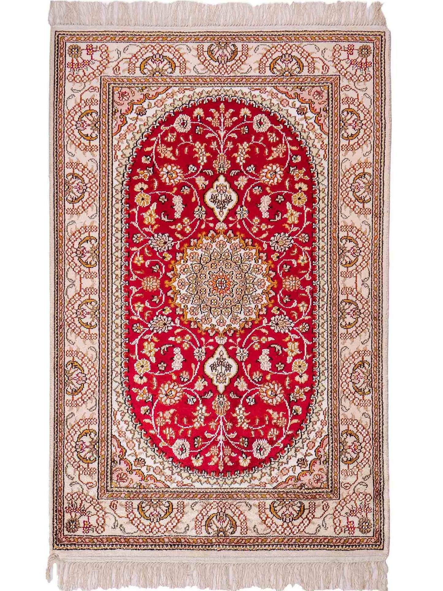 Feiner, handgeknüpfter, chinesischer Orientteppich mit Nain Design aus Kunstseide, rot, weiß, creme. 120x78 cm. Verkauf durch Jupiter Intl.