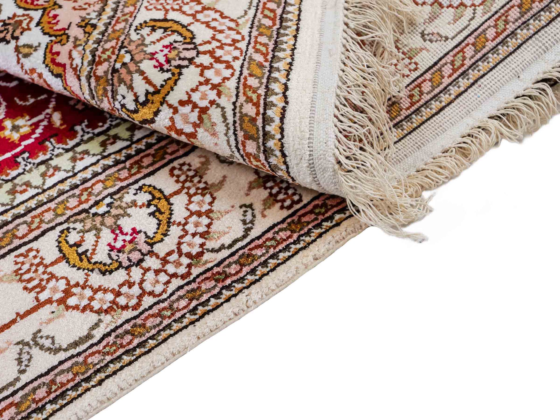 Feiner, handgeknüpfter, chinesischer Orientteppich mit Nain Design aus Kunstseide, rot, weiß, creme. 120x78 cm. Verkauf durch Jupiter Intl.