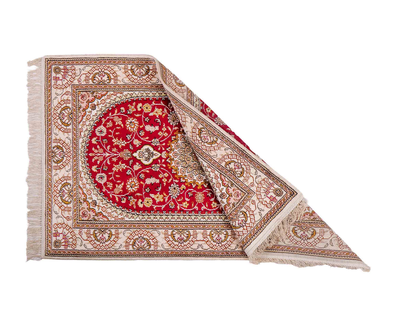 Feiner, handgeknüpfter, chinesischer Orientteppich mit Nain Design aus Kunstseide, rot, weiß, creme. 120x78 cm. Verkauf durch Jupiter Intl.