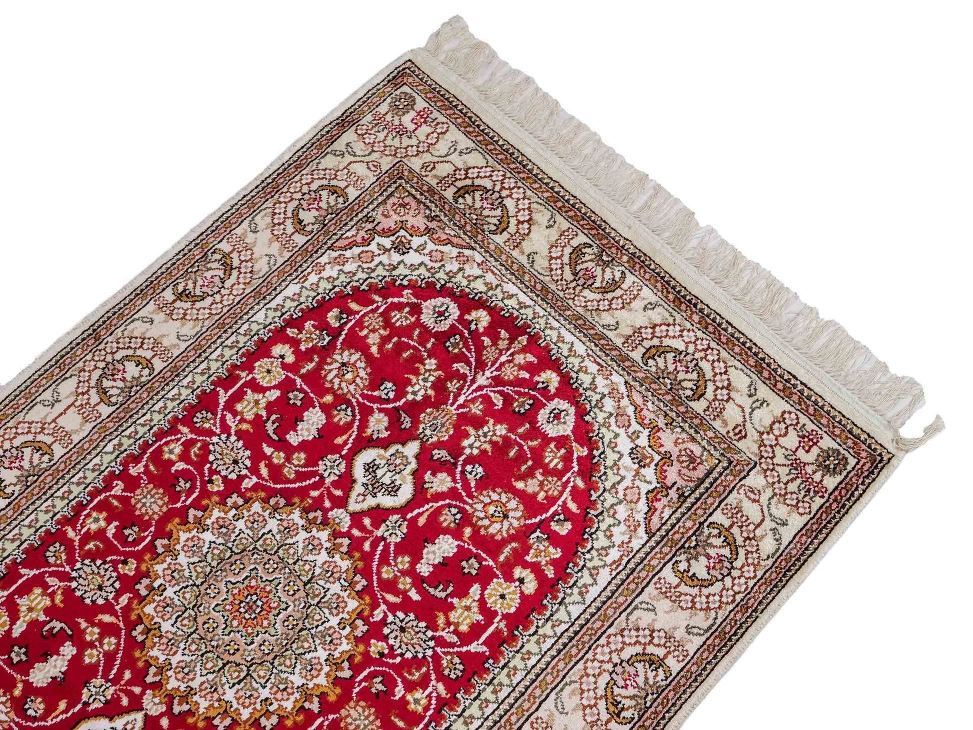 Feiner, handgeknüpfter, chinesischer Orientteppich mit Nain Design aus Kunstseide, rot, weiß, creme. 120x78 cm. Verkauf durch Jupiter Intl.