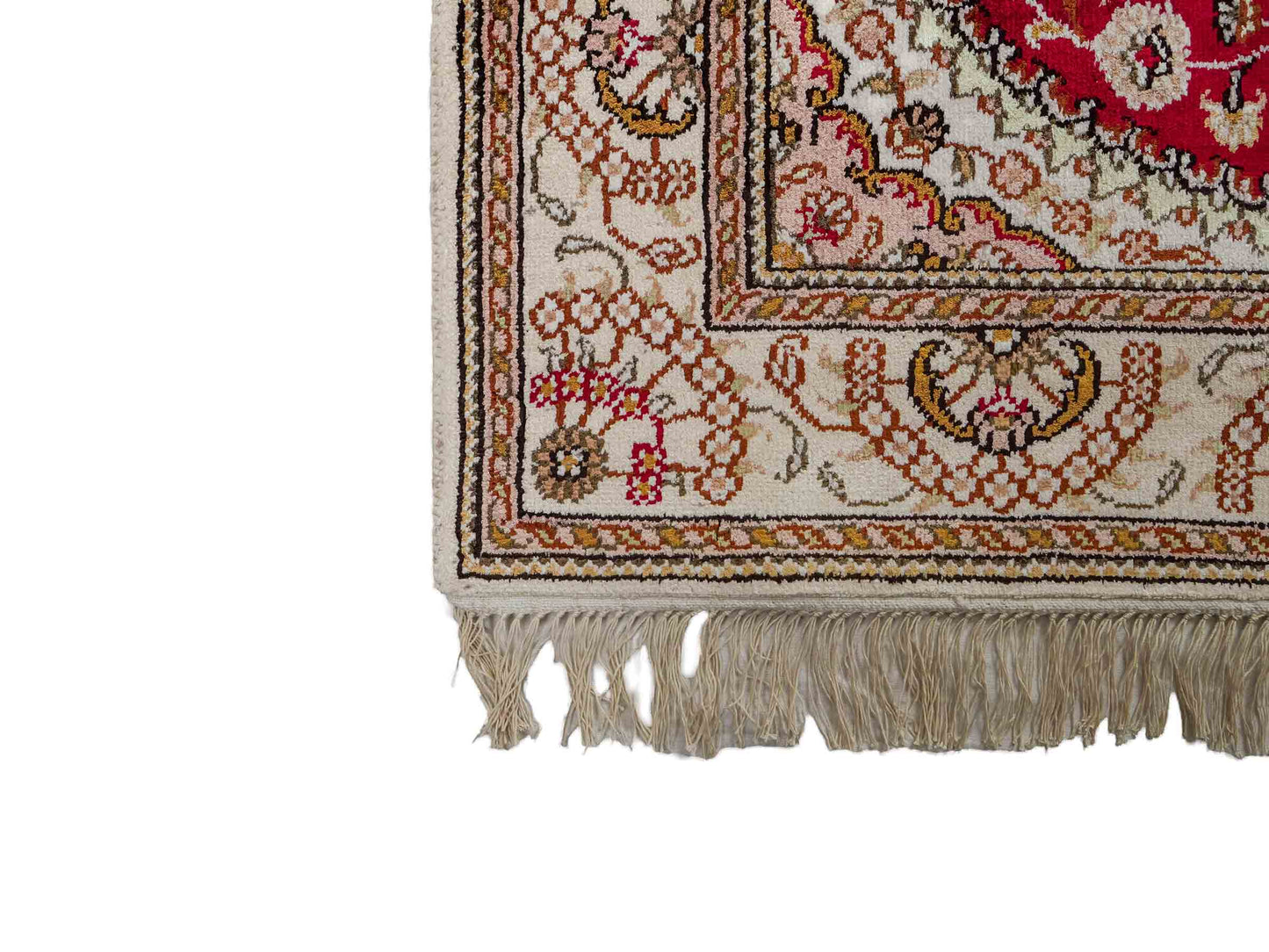 Feiner, handgeknüpfter, chinesischer Orientteppich mit Nain Design aus Kunstseide, rot, weiß, creme. 120x78 cm. Verkauf durch Jupiter Intl.
