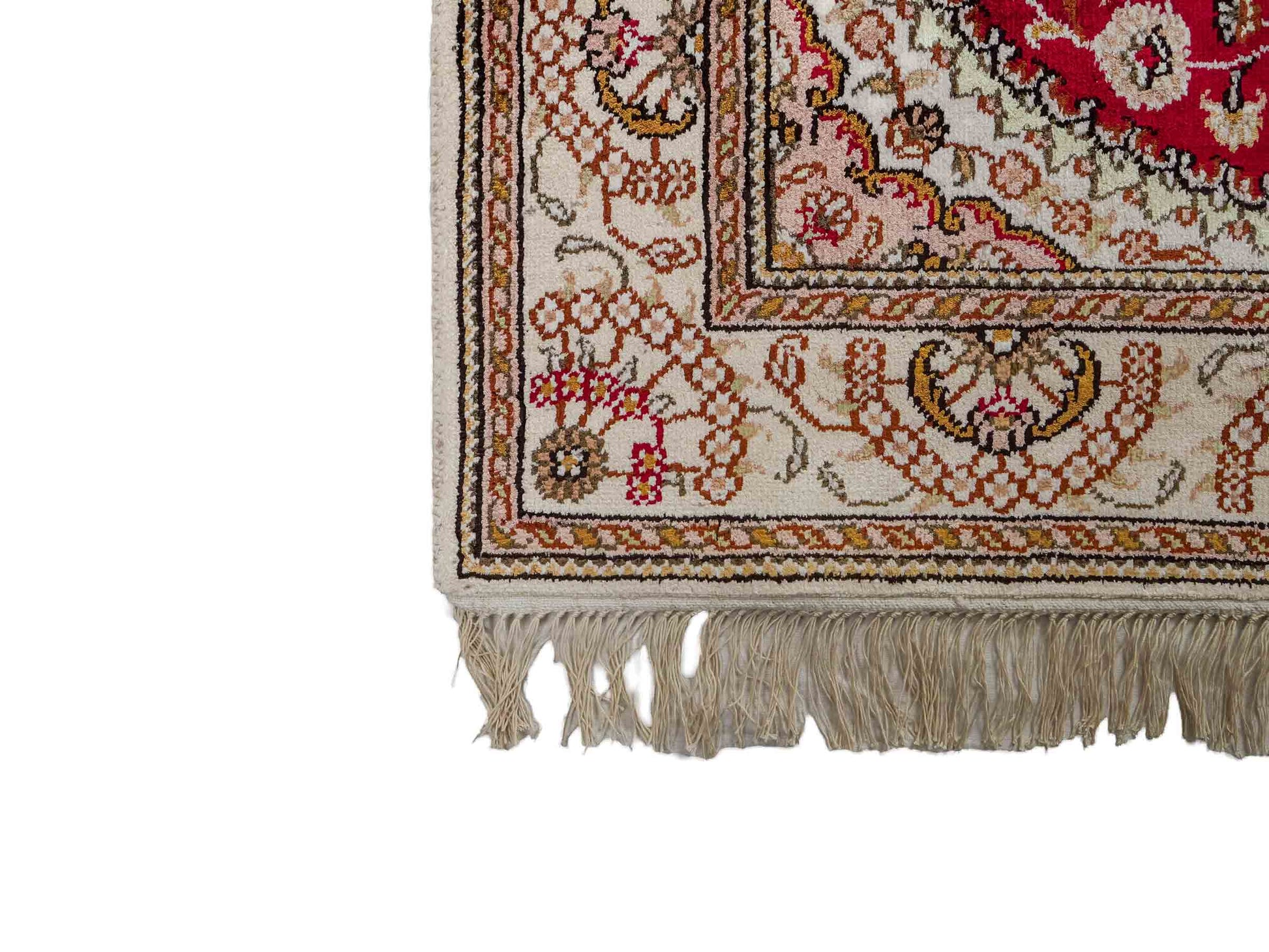 Feiner, handgeknüpfter, chinesischer Orientteppich mit Nain Design aus Kunstseide, rot, weiß, creme. 120x78 cm. Verkauf durch Jupiter Intl.