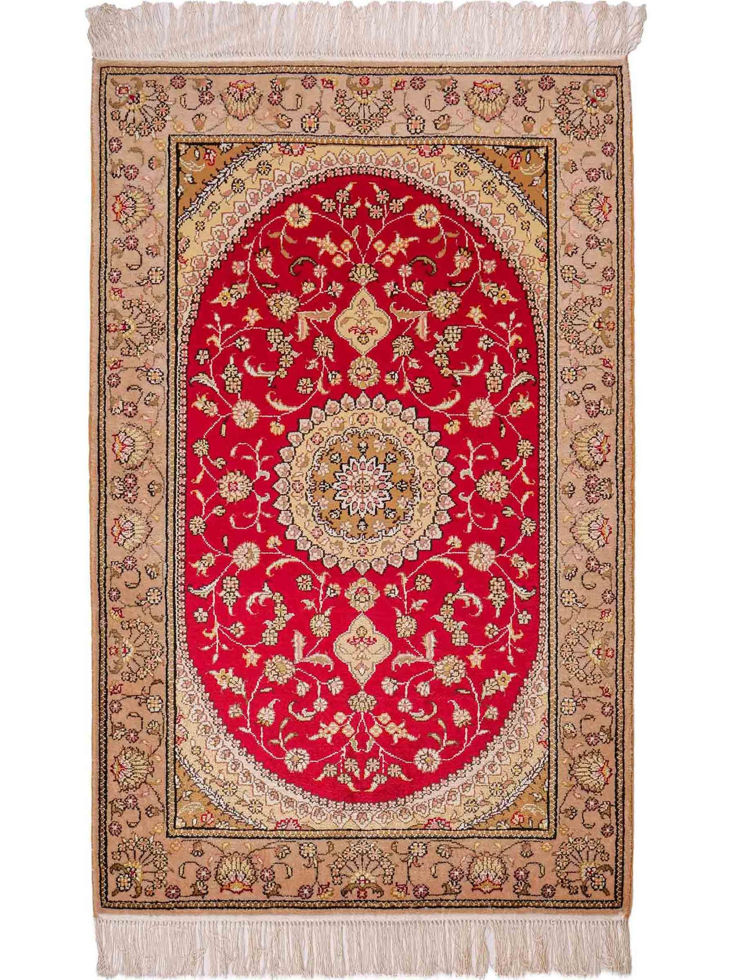 Feiner, handgeknüpfter, chinesischer Orientteppich mit Nain Design aus Kunstseide, rot, beige, gold, creme. 121x78 cm. Verkauf durch Jupiter Intl.