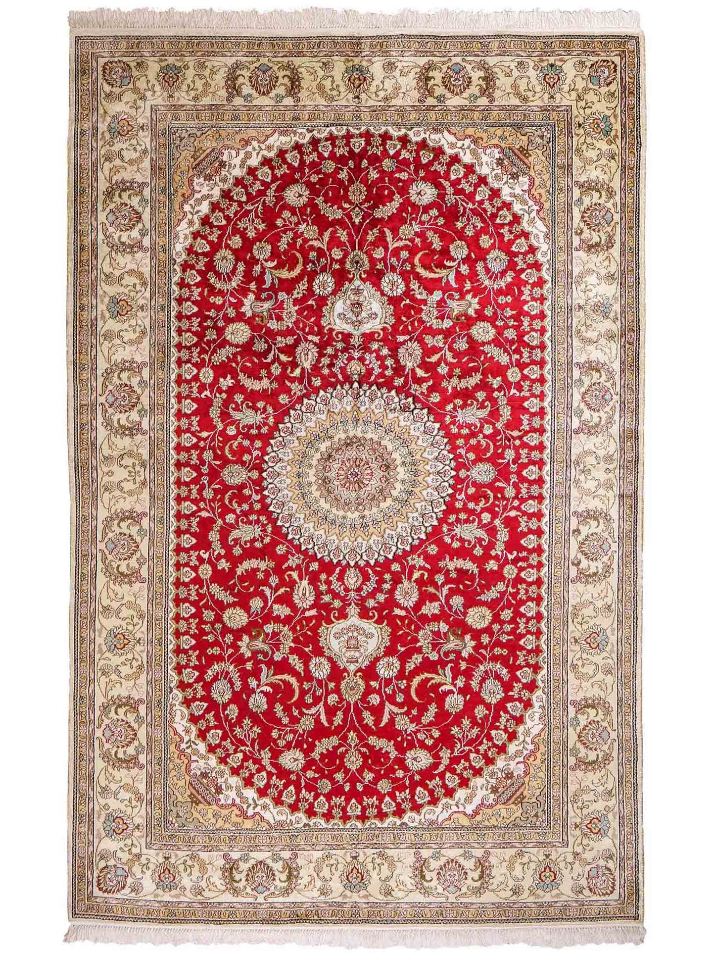 Feiner, handgeknüpfter, chinesischer Orientteppich mit Nain Design aus Kunstseide, rot, creme. 240x153 cm. Verkauf durch Jupiter Intl.
