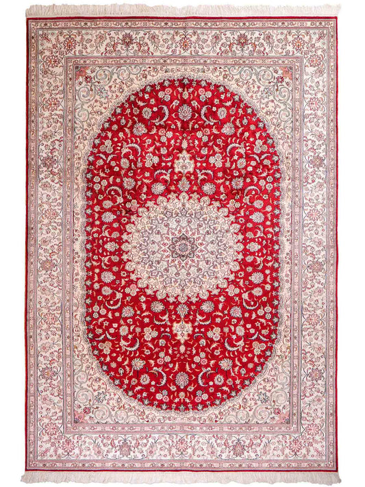 Feiner, handgeknüpfter, chinesischer Orientteppich mit Nain Design aus Kunstseide, rot, weiß, creme. 263x180 cm. Verkauf durch Jupiter Intl.