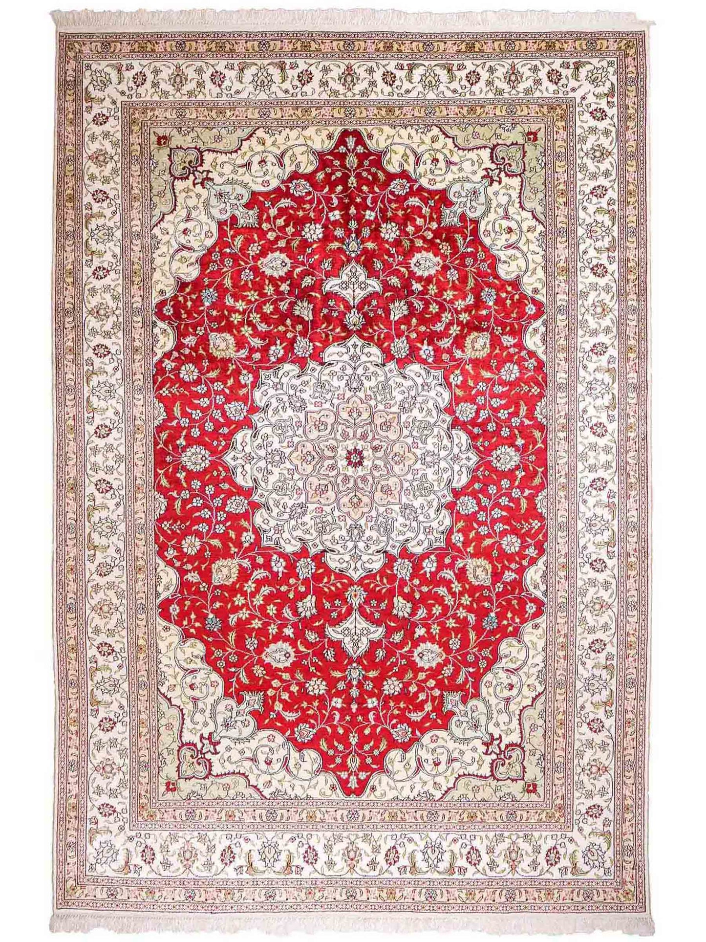 Feiner, handgeknüpfter China Nain Orientteppich aus Kunstseide, rot, weiß. 276x182 cm. Verkauf durch Jupiter Intl.