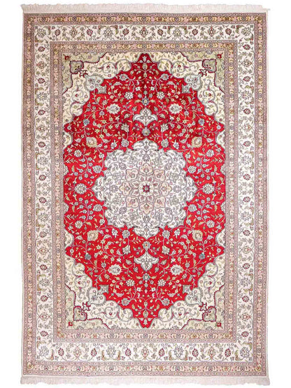 Feiner, handgeknüpfter China Nain Orientteppich aus Kunstseide, rot, weiß. 276x182 cm. Verkauf durch Jupiter Intl.