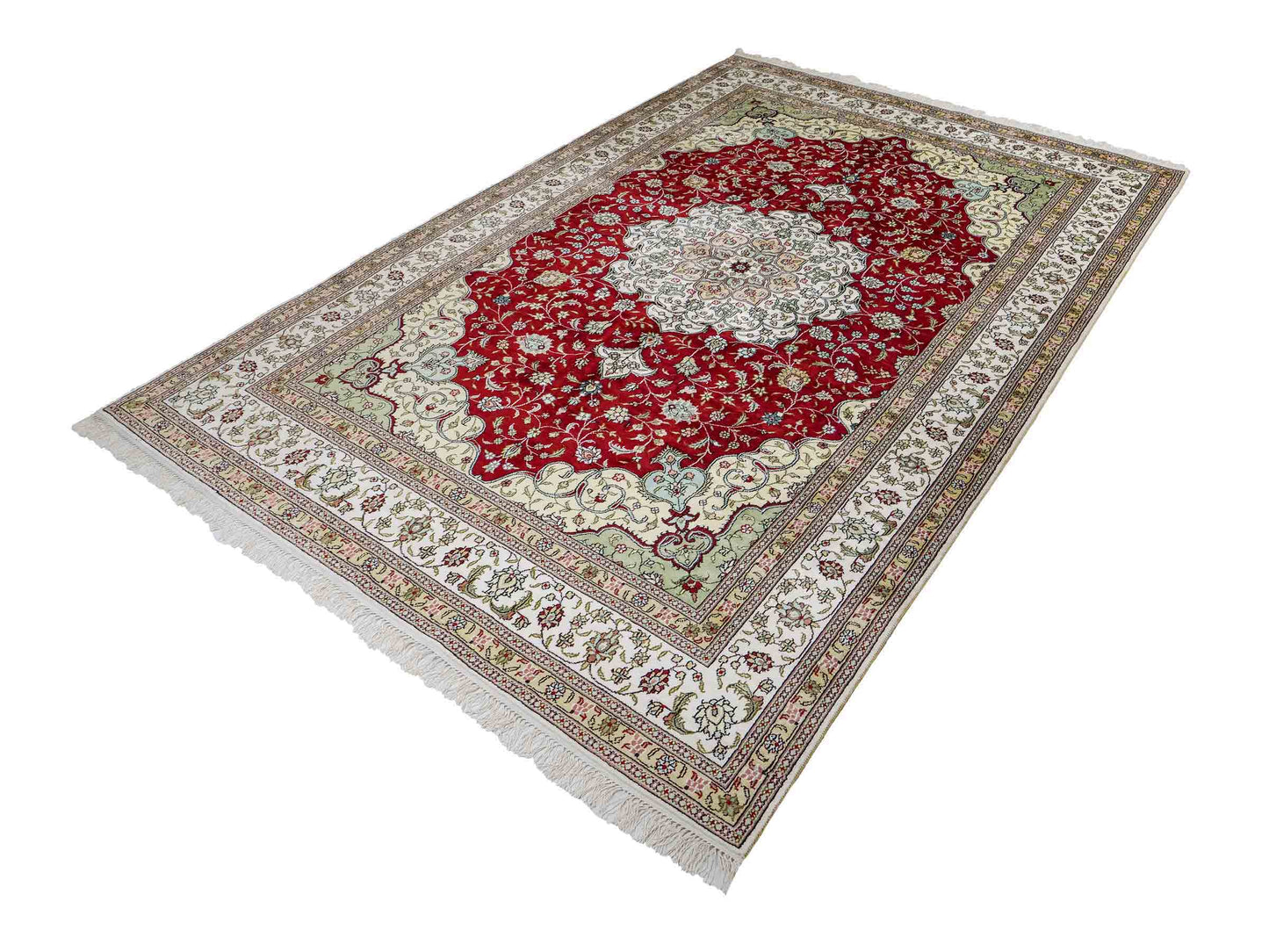Feiner, handgeknüpfter China Nain Orientteppich aus Kunstseide, rot, weiß. 276x182 cm. Verkauf durch Jupiter Intl.
