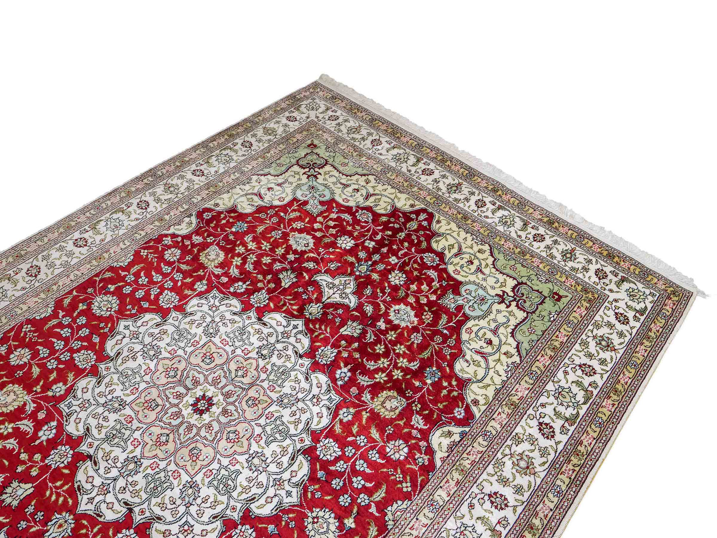 Feiner, handgeknüpfter China Nain Orientteppich aus Kunstseide, rot, weiß. 276x182 cm. Verkauf durch Jupiter Intl.